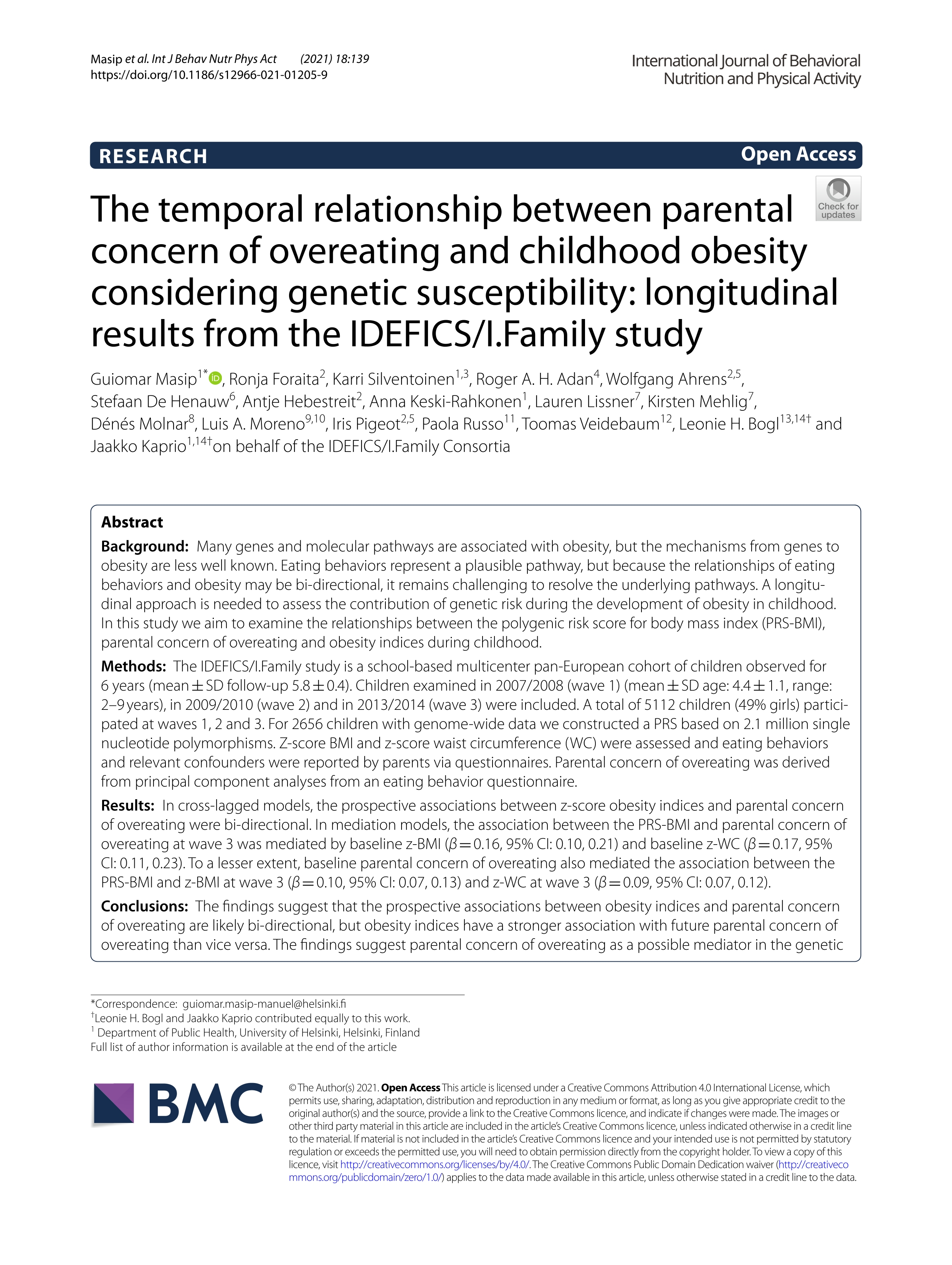 The temporal relationship between parental concern of overeating and childhood obesity considering genetic susceptibility: longitudinal results from the IDEFICS/I.Family study