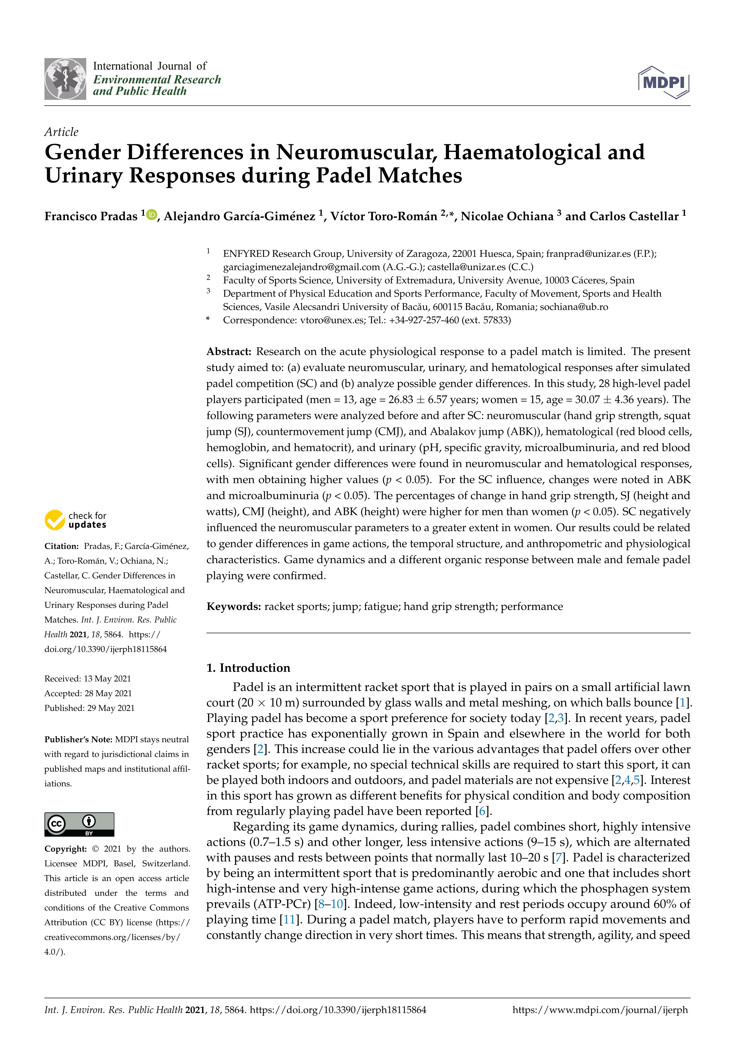 Gender differences in neuromuscular, haematological and urinary responses during padel matches