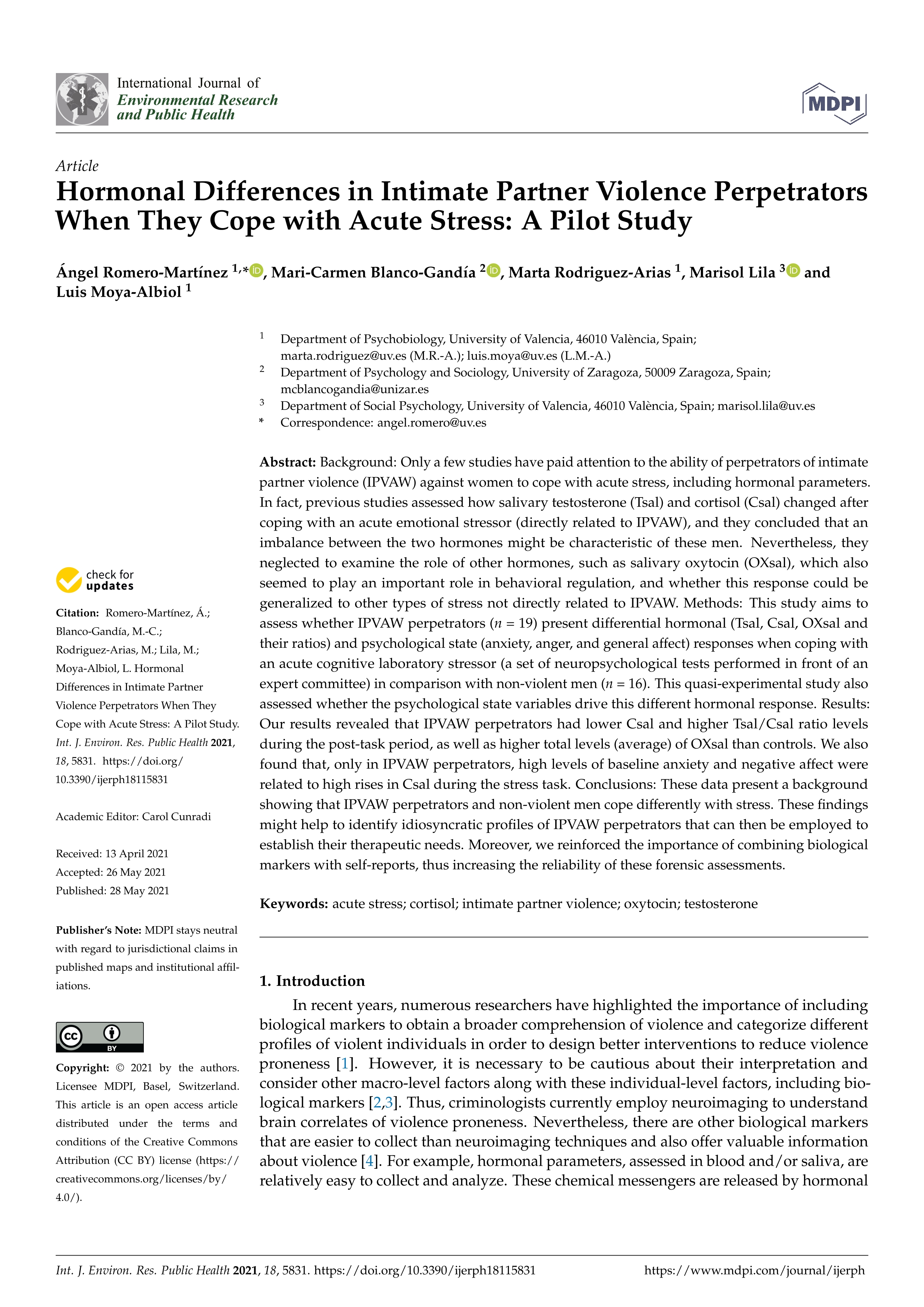 Hormonal differences in intimate partner violence perpetrators when they cope with acute stress: A pilot study