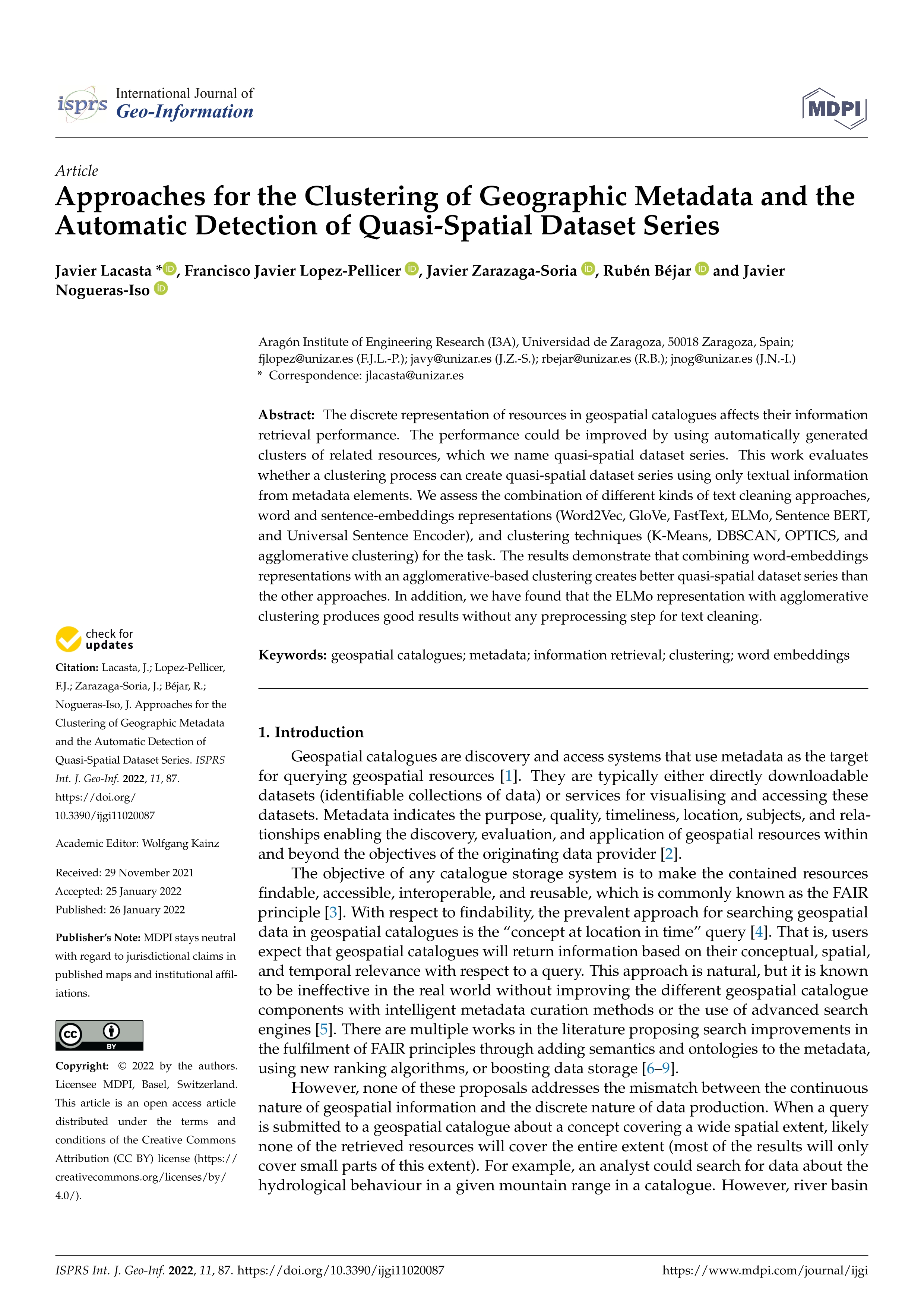 Approaches for the clustering of geographic metadata and the automatic detection of quasi-spatial dataset series