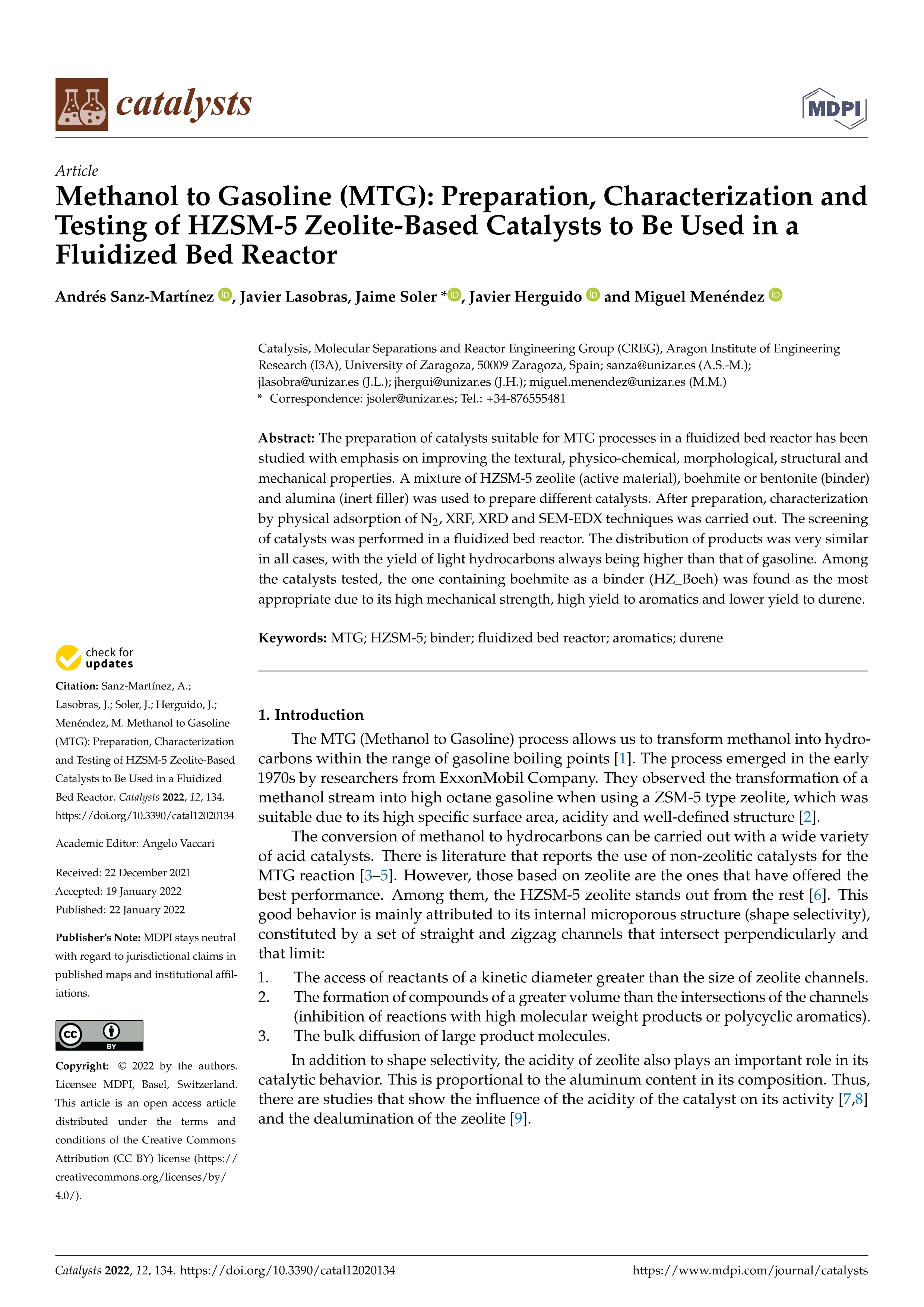 Methanol to Gasoline (MTG): preparation, characterization and testing of HZSM-5 zeolite-based catalysts to be used in a fluidized bed reactor