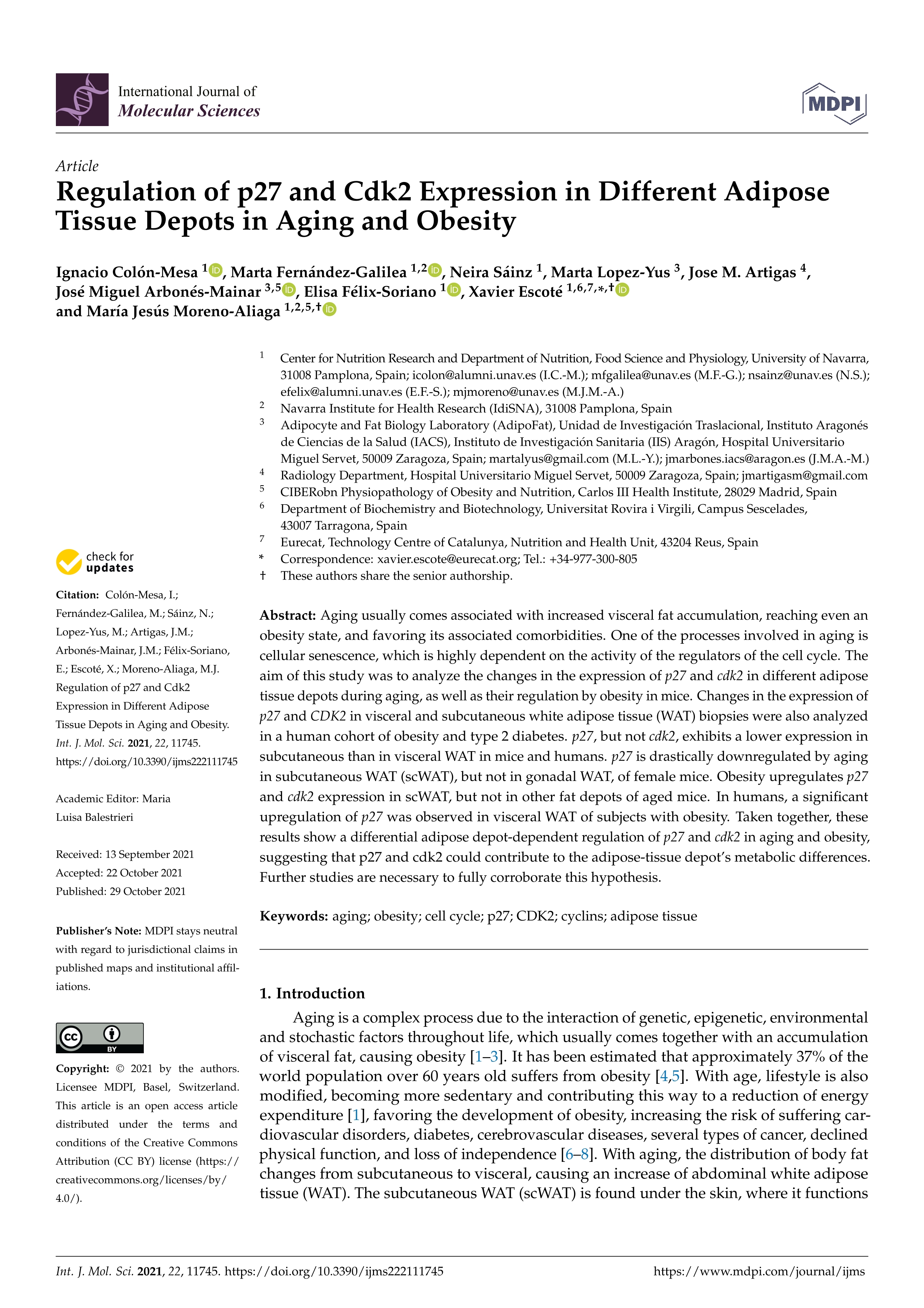 Regulation of p27 and cdk2 expression in different adipose tissue depots in aging and obesity