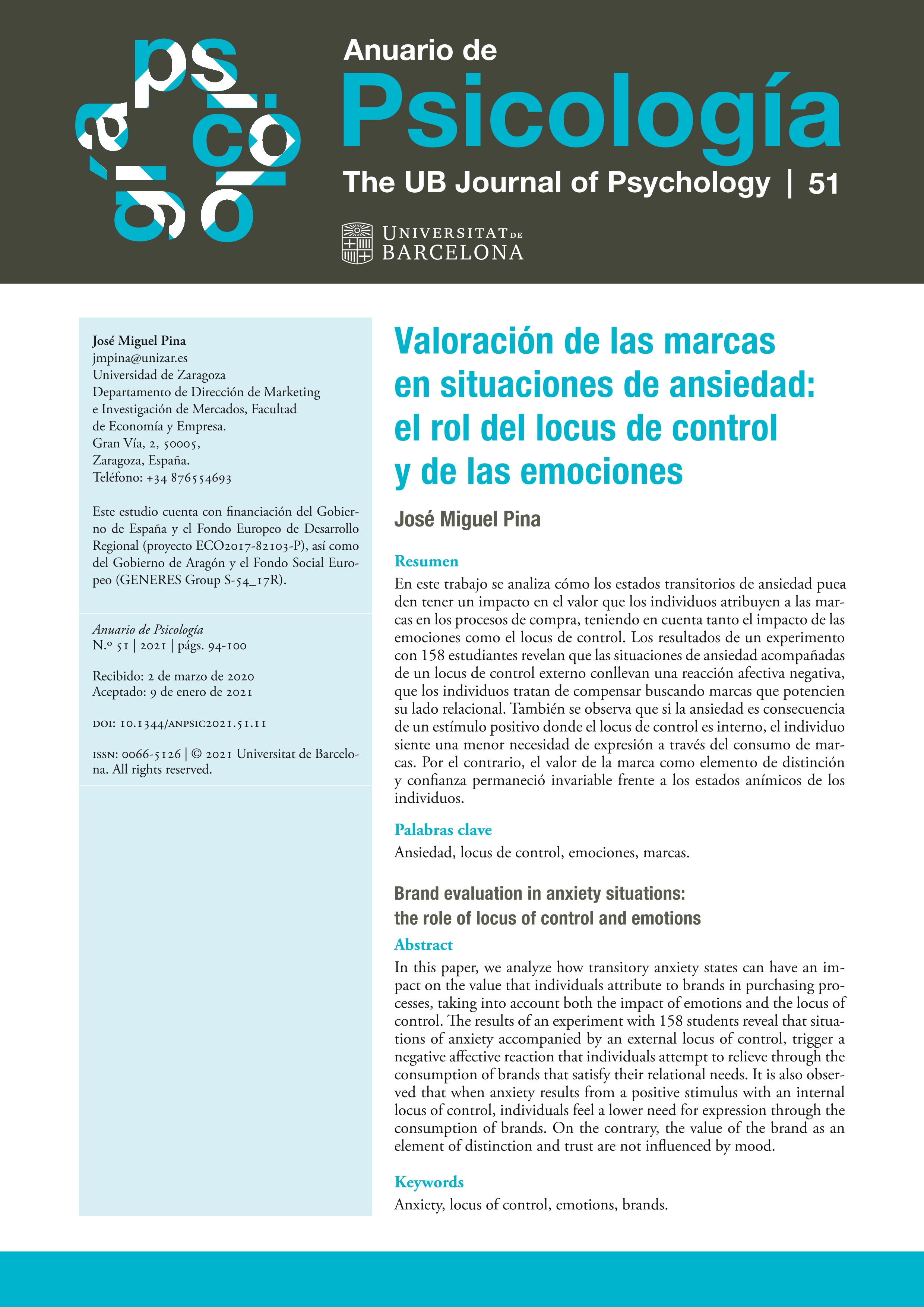 Valoración de las marcas en situaciones de ansiedad: el rol de locus de control y de las emociones