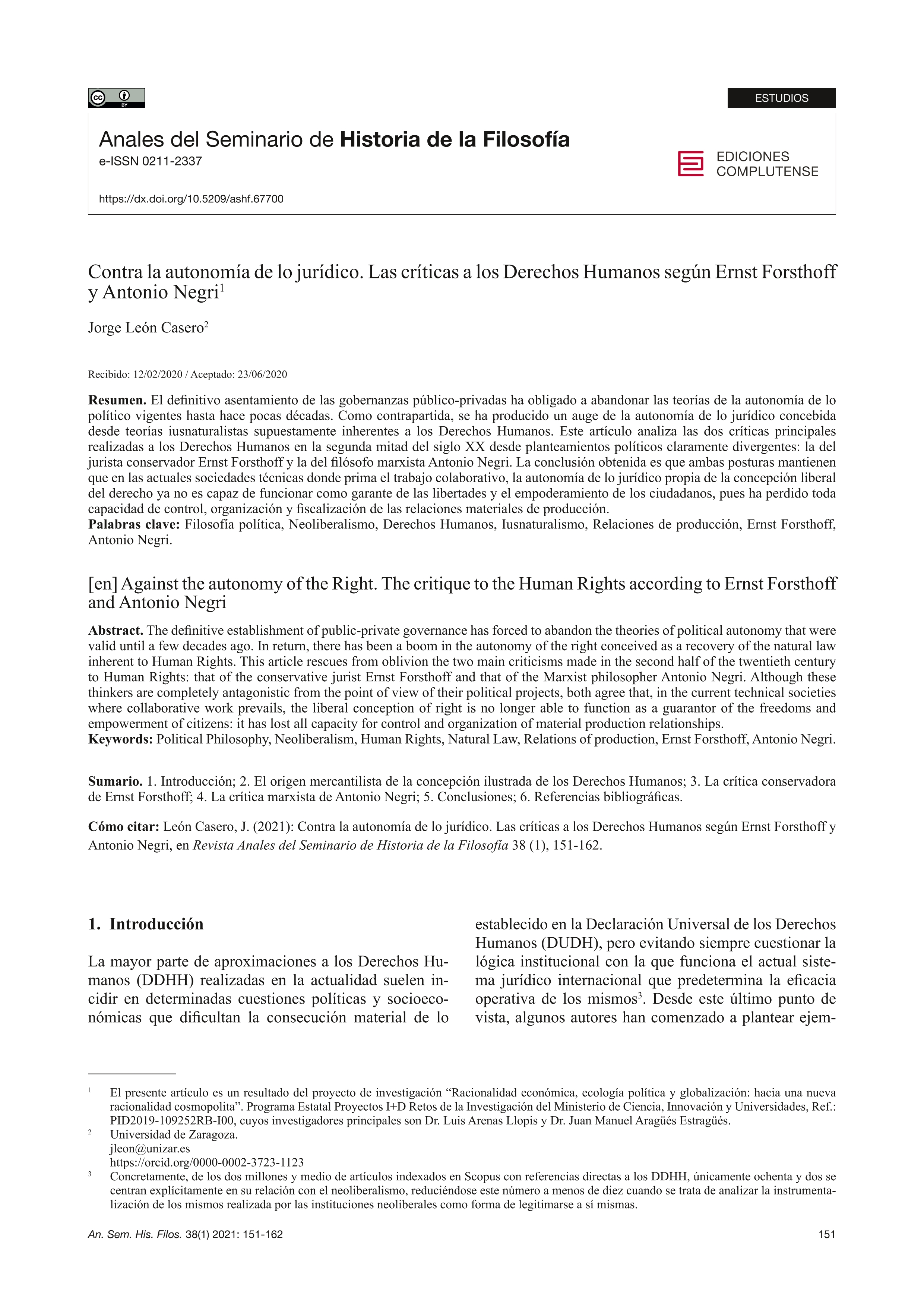 Contra la autonomía de lo jurídico. Las críticas a los Derechos Humanos según Ernst Forsthoff y Antonio Negri