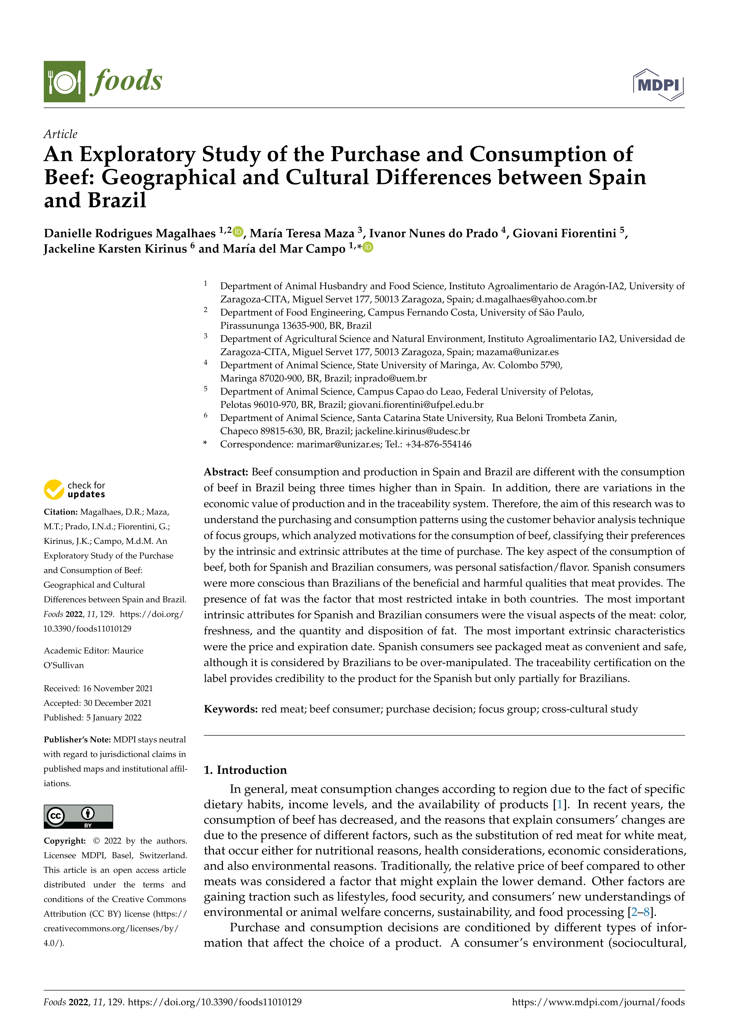 An exploratory study of the purchase and consumption of beef: geographical and cultural differences between Spain and Brazil