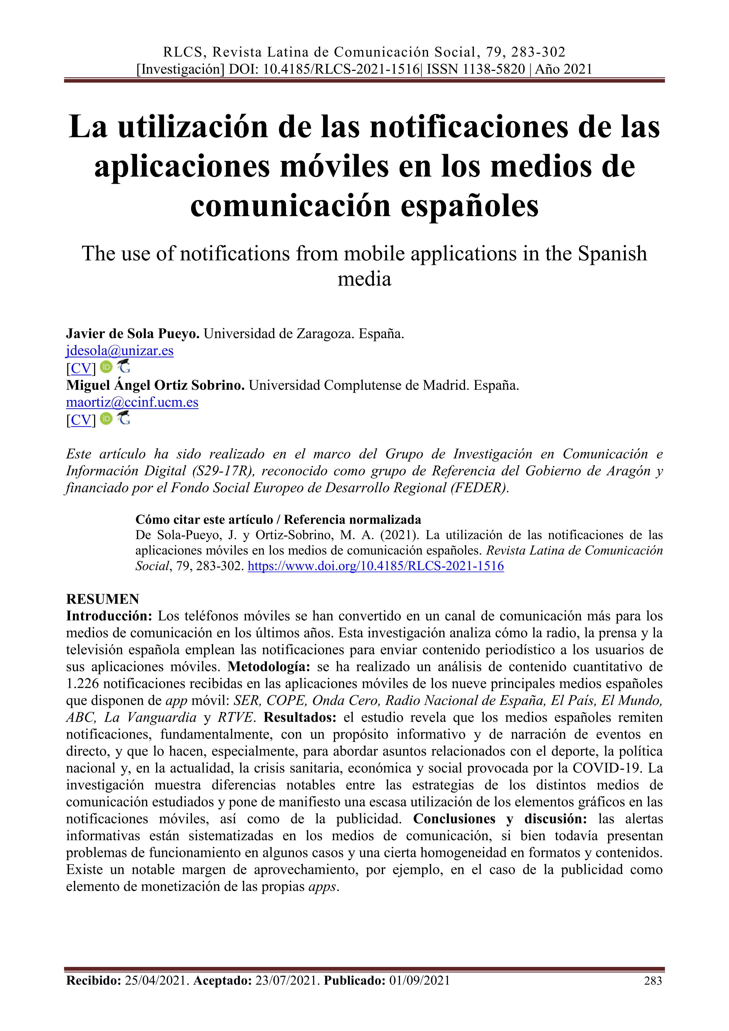 La utilización de las notificaciones de las aplicaciones móviles en los medios de comunicación españoles