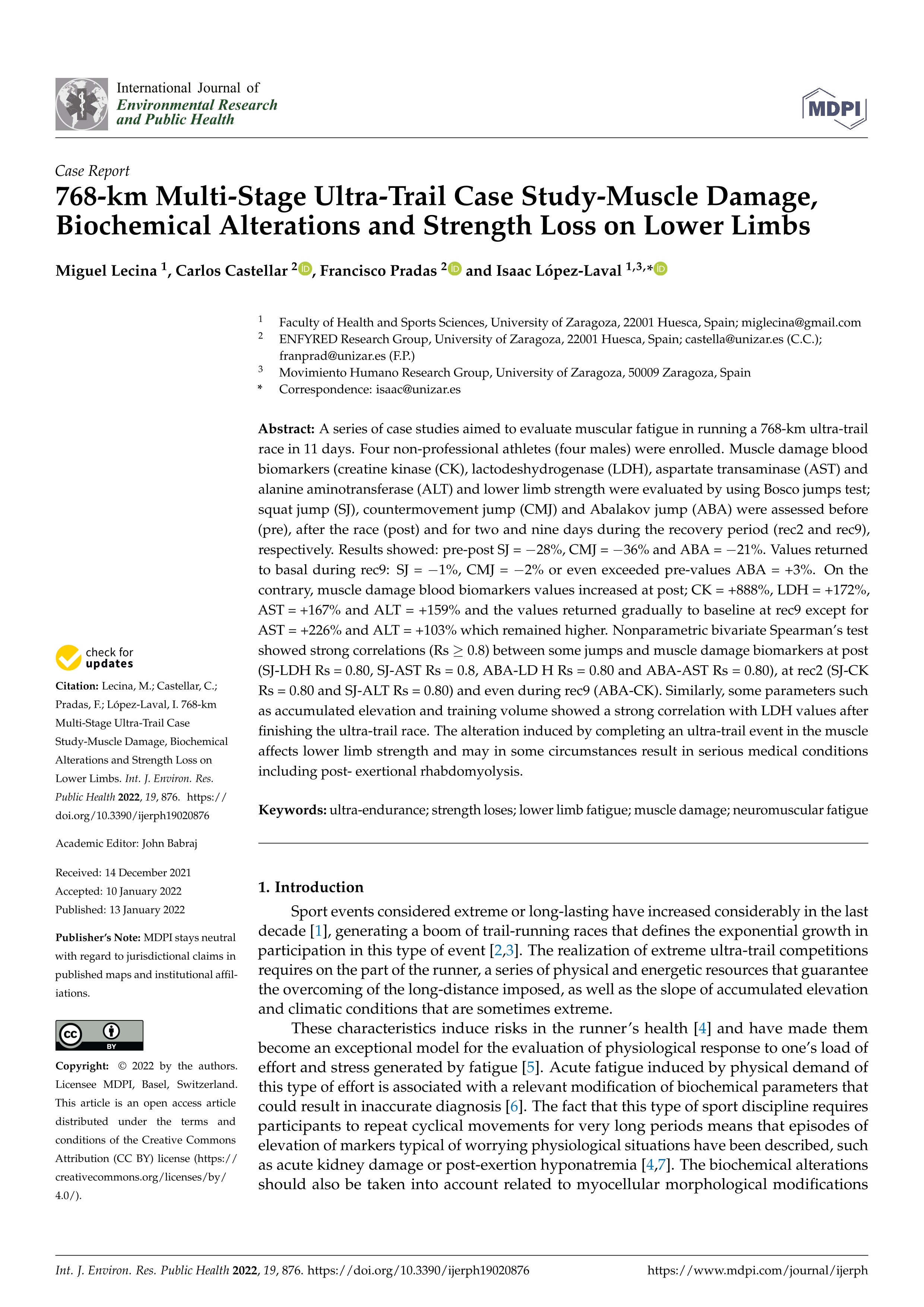 768-km Multi-Stage Ultra-Trail Case Study-Muscle Damage, Biochemical Alterations and Strength Loss on Lower Limbs