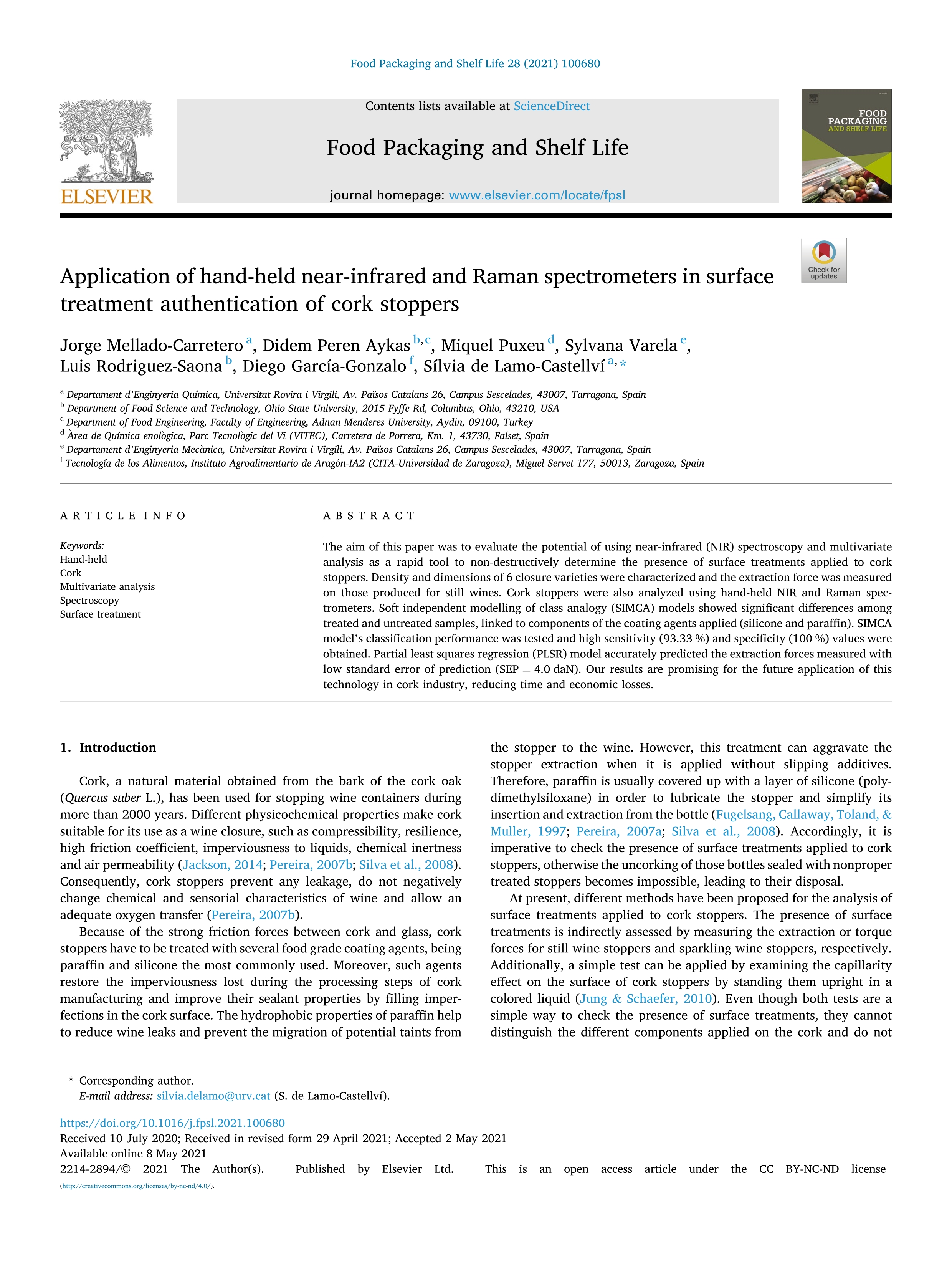 Application of hand-held near-infrared and Raman spectrometers in surface treatment authentication of cork stoppers