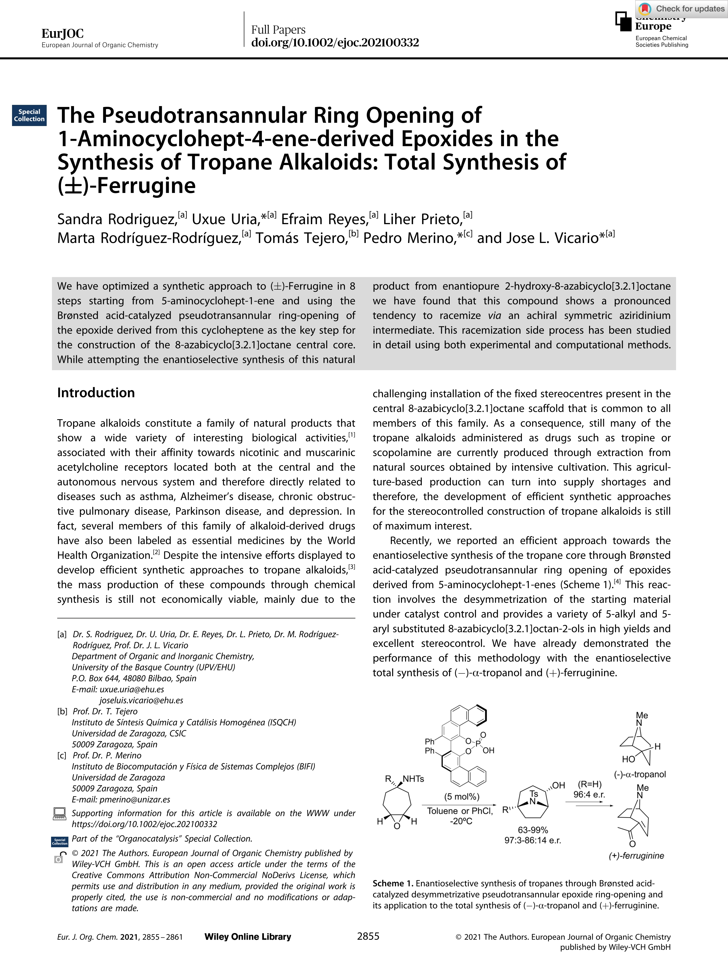 The Pseudotransannular Ring Opening of 1-Aminocyclohept-4-ene-derived Epoxides in the Synthesis of Tropane Alkaloids: Total Synthesis of (±)-Ferrugine