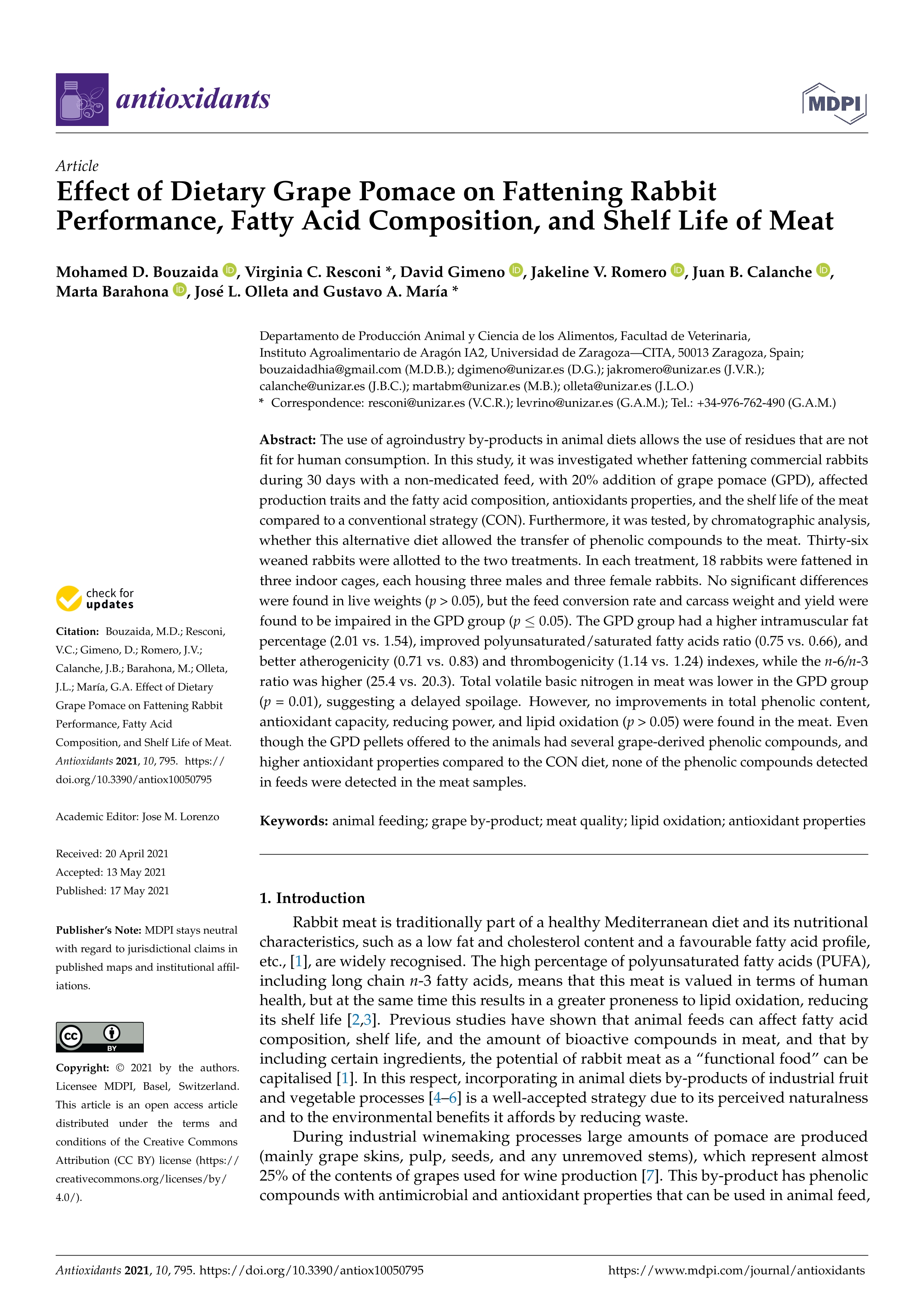 Effect of dietary grape pomace on fattening rabbit performance, fatty acid composition, and shelf life of meat