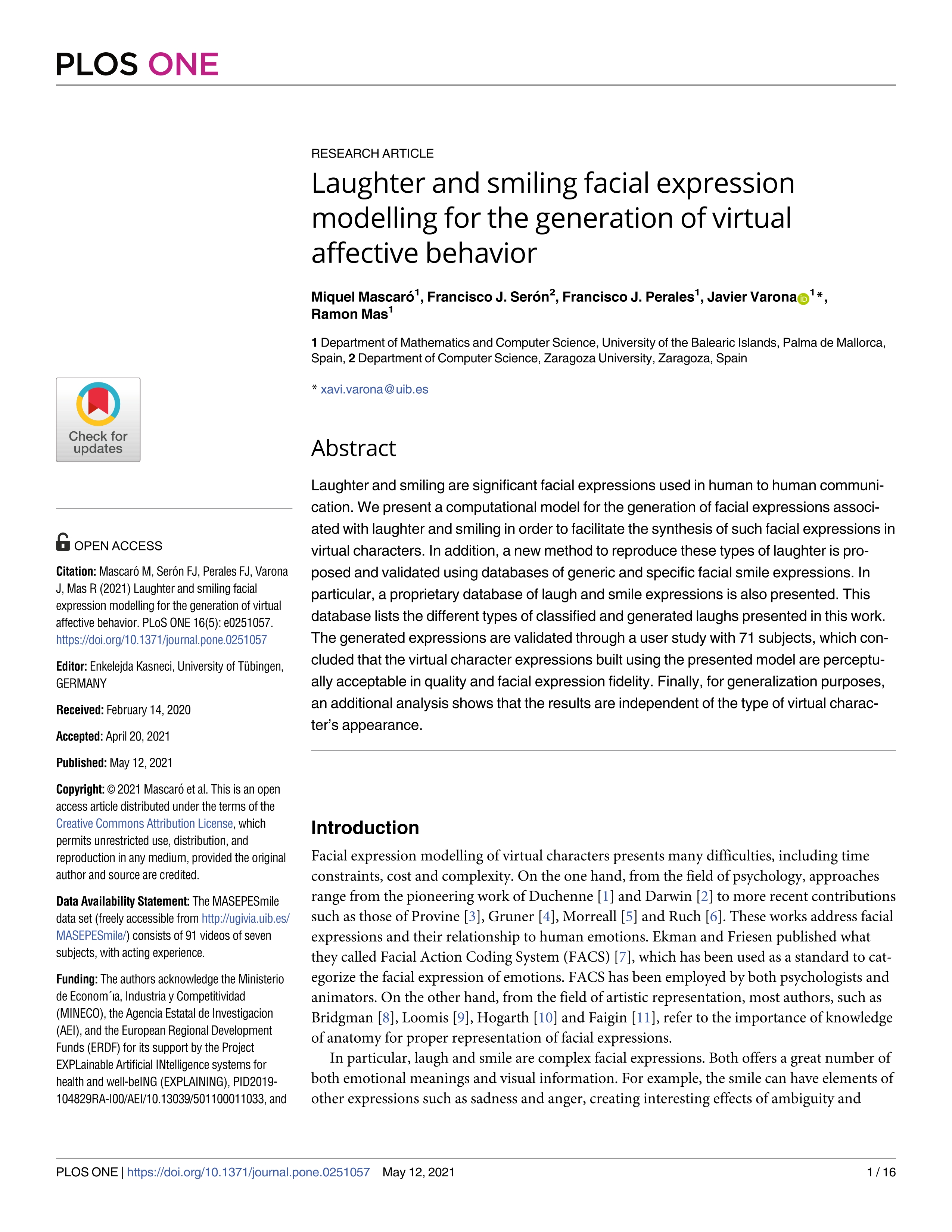 Laughter and smiling facial expression modelling for the generation of virtual affective behavior