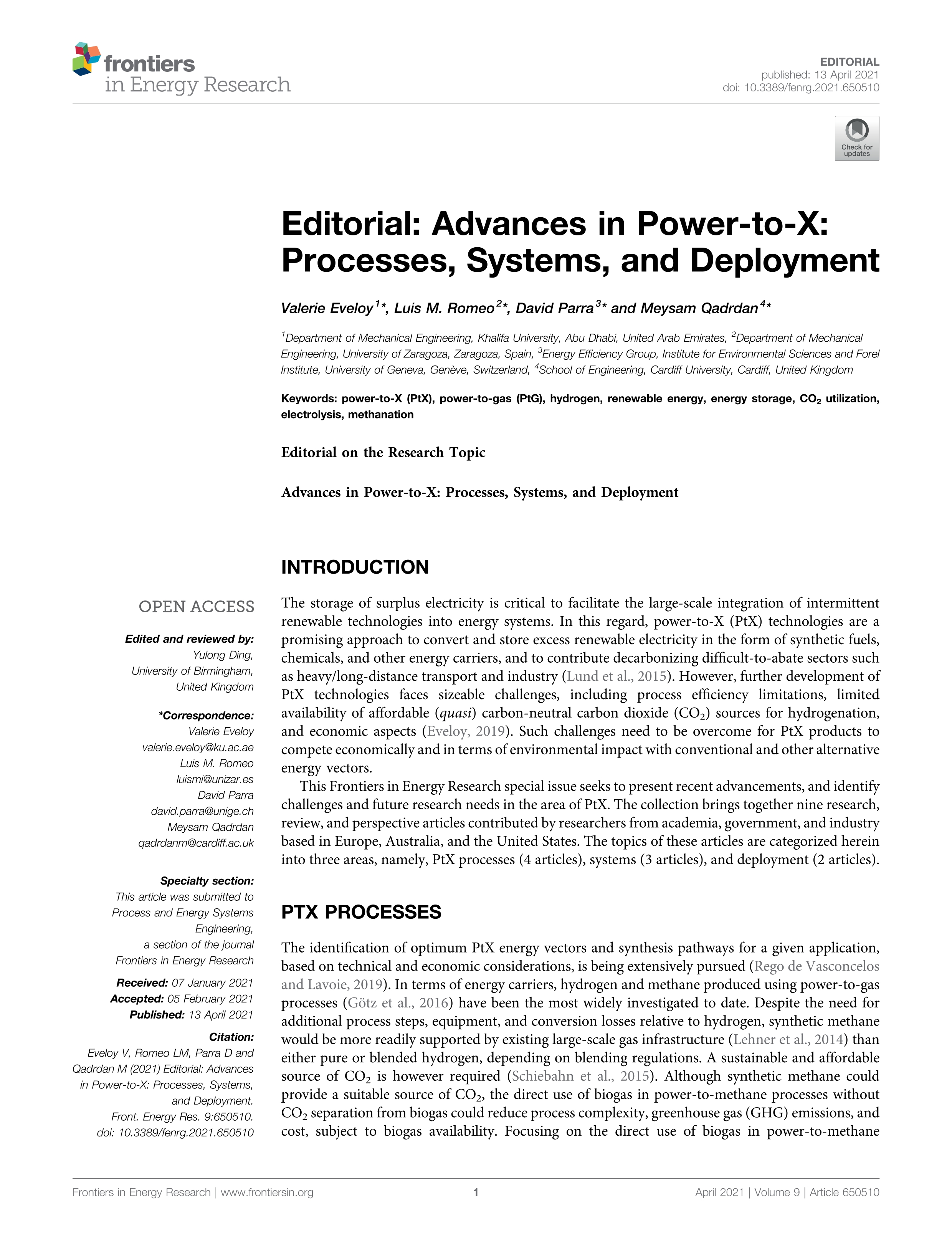 Editorial: Advances in Power-to-X: Processes, Systems, and Deployment