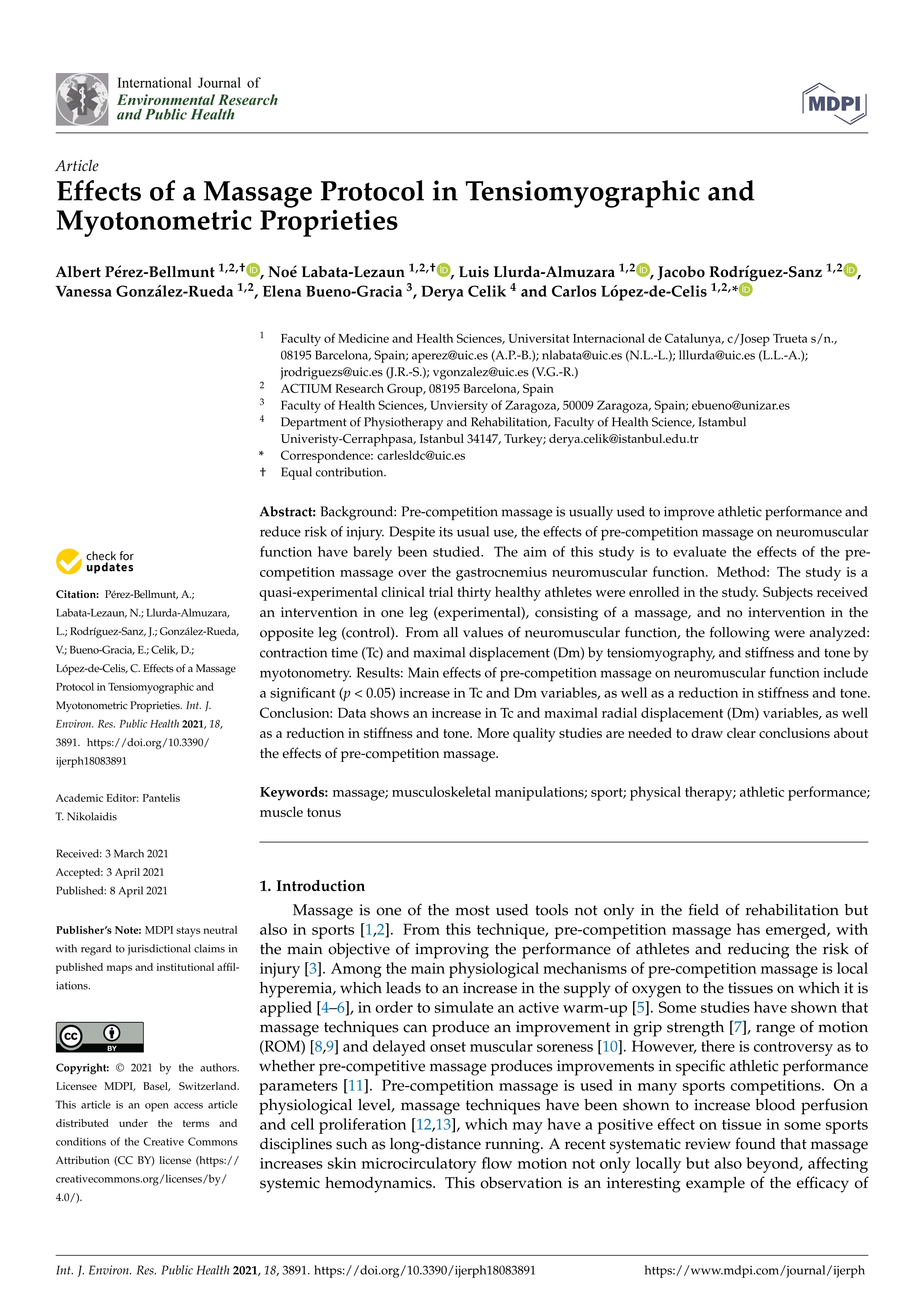 Effects of a massage protocol in tensiomyographic and myotonometric proprieties