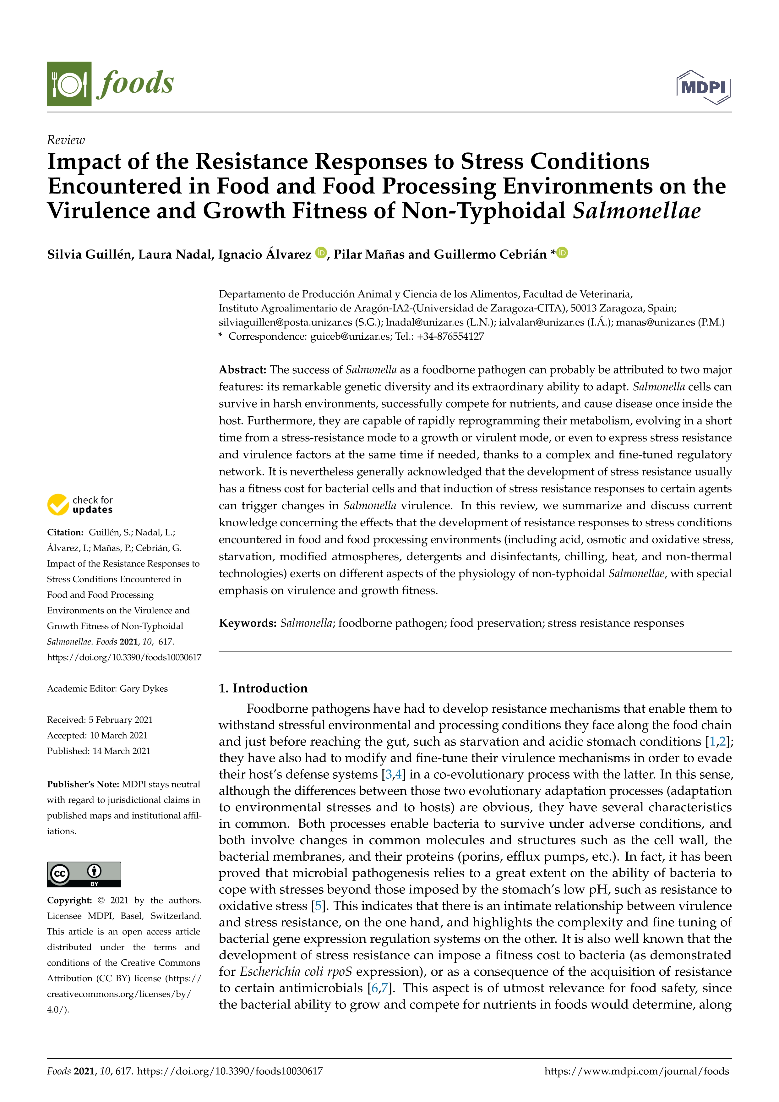 Impact of the resistance responses to stress conditions encountered in food and food processing environments on the virulence and growth fitness of non-typhoidal salmonellae
