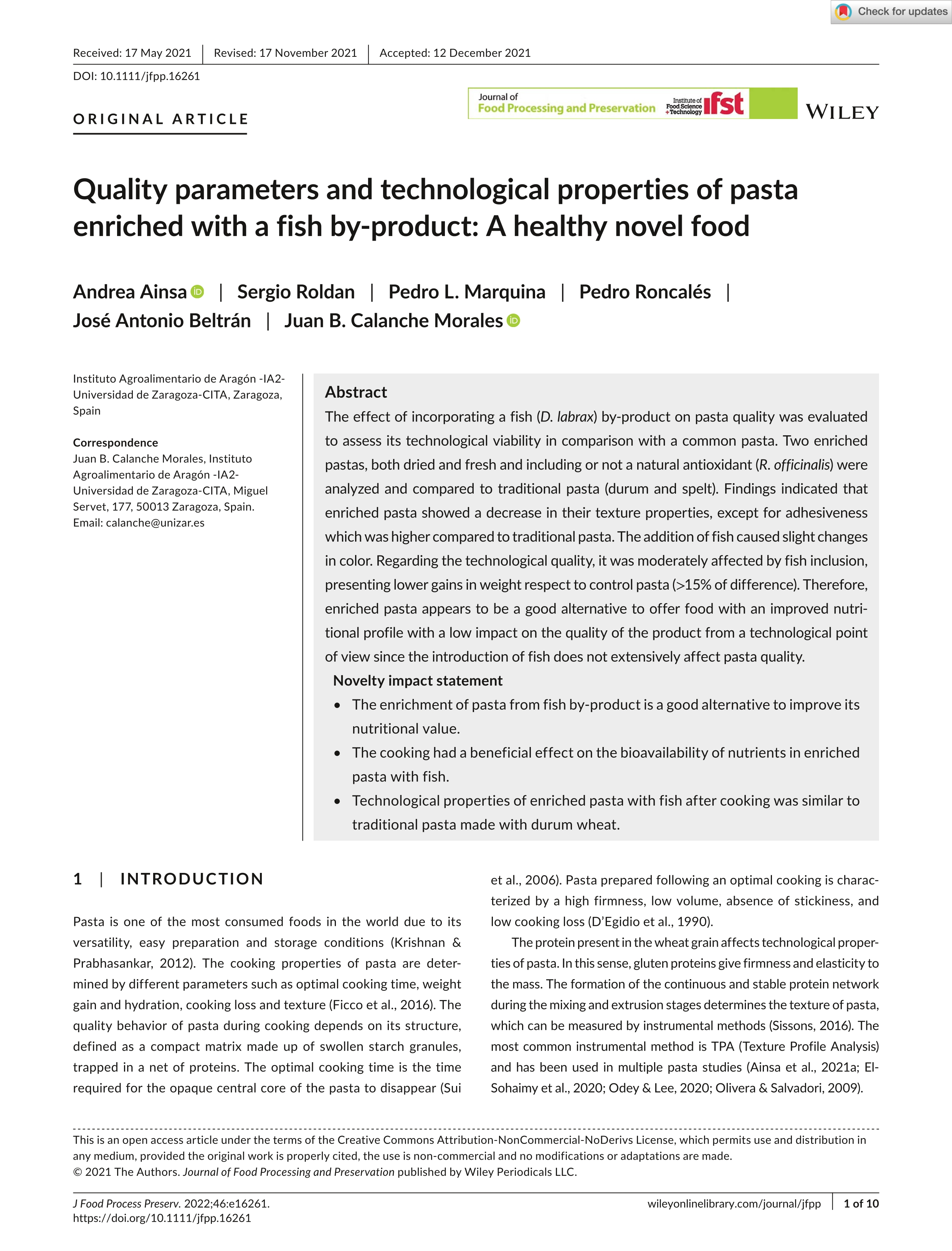 Quality parameters and technological properties of pasta enriched with a fish by-product: A healthy novel food
