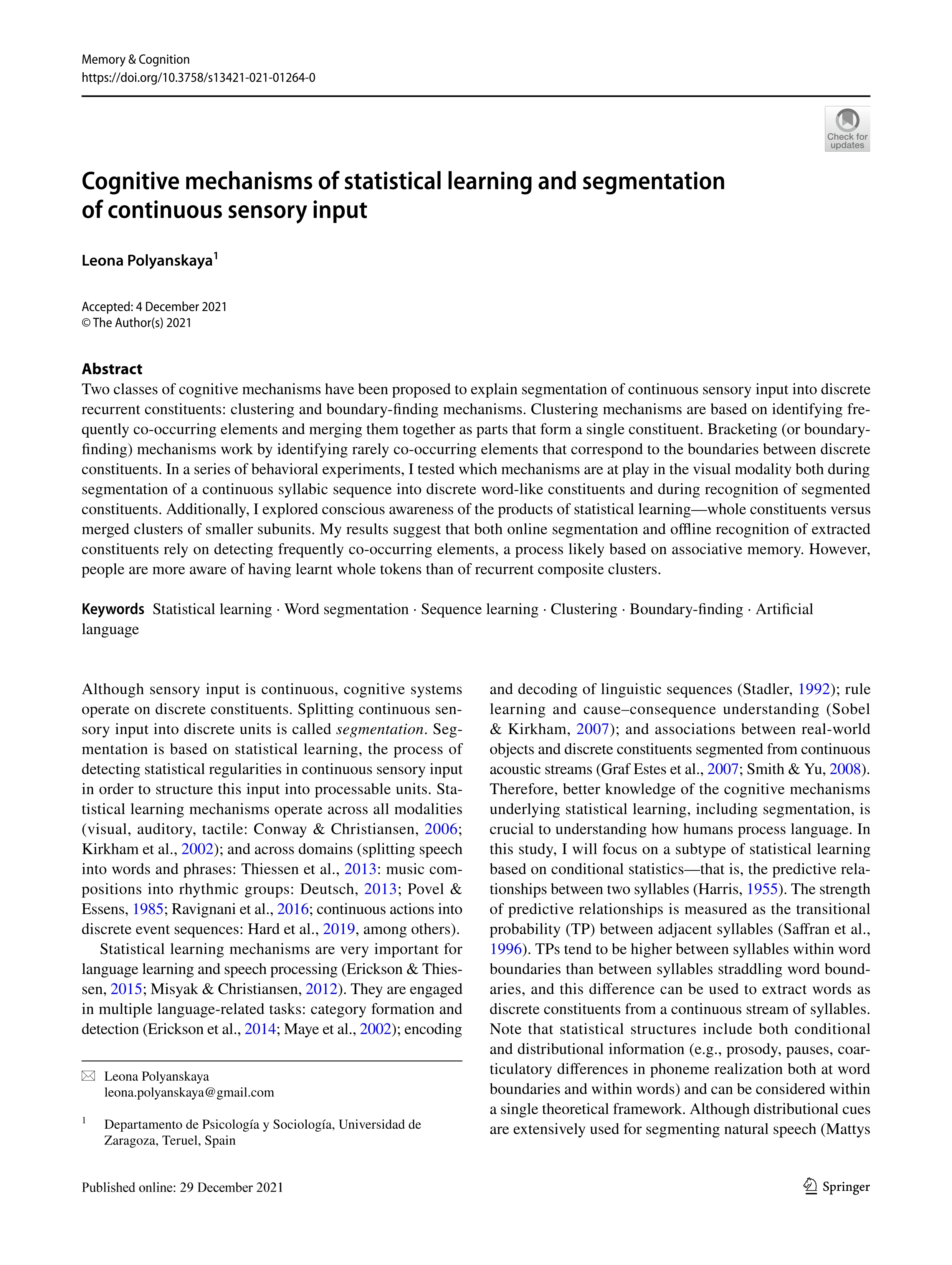 Cognitive mechanisms of statistical learning and segmentation of continuous sensory input