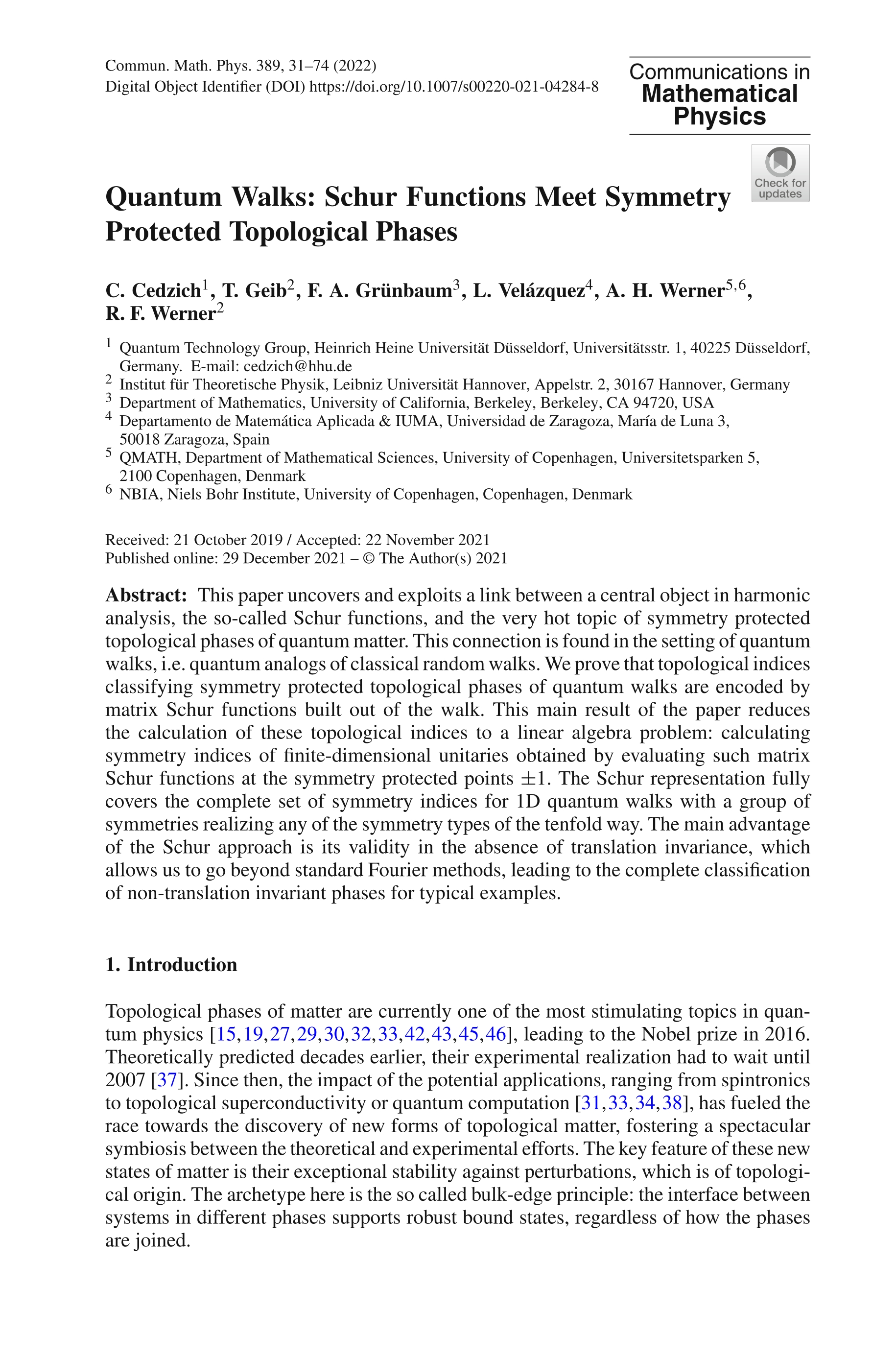 Quantum Walks: Schur Functions Meet Symmetry Protected Topological Phases