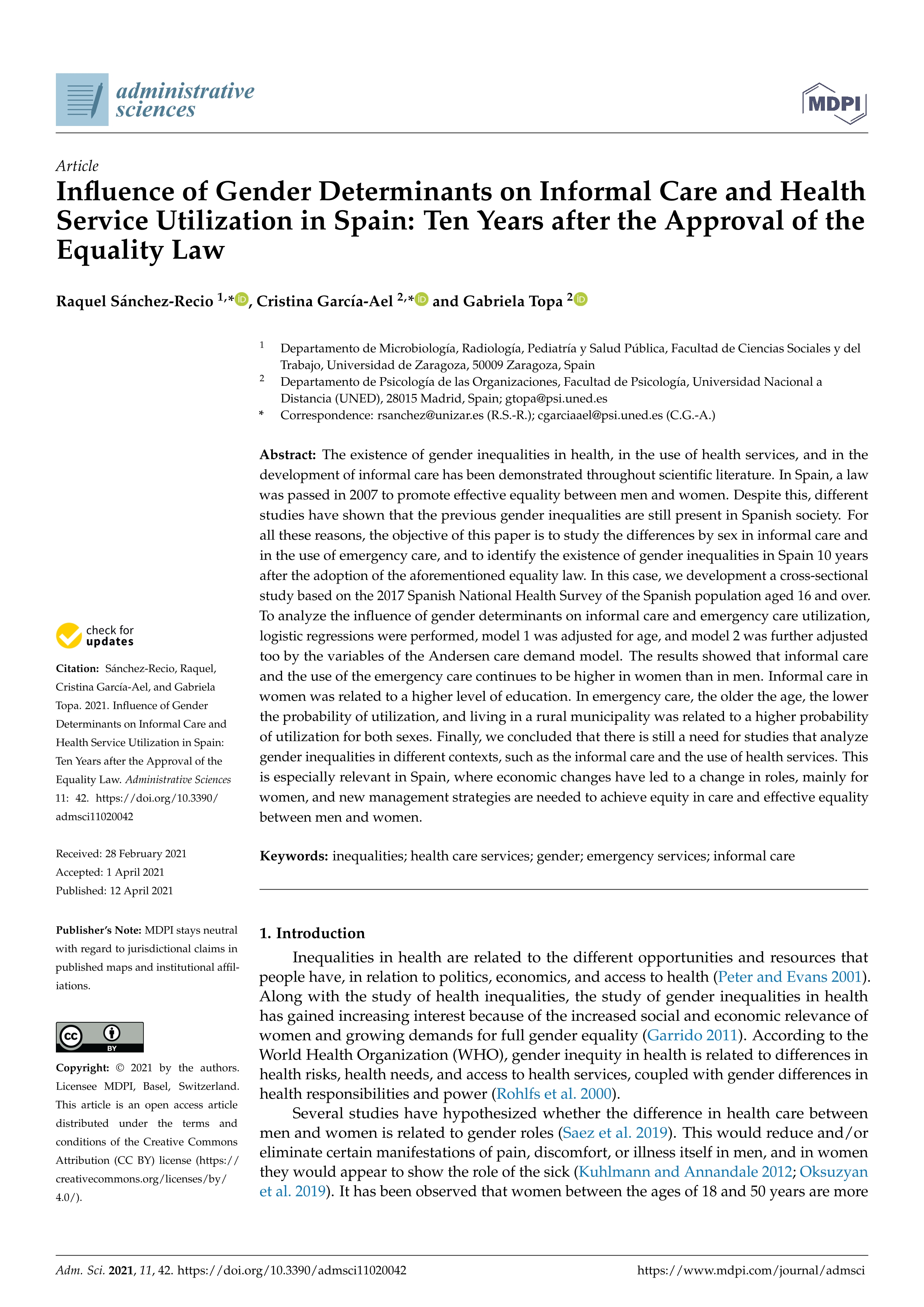 Influence of gender determinants on informal care and health service utilization in Spain: Ten years after the approval of the equality law