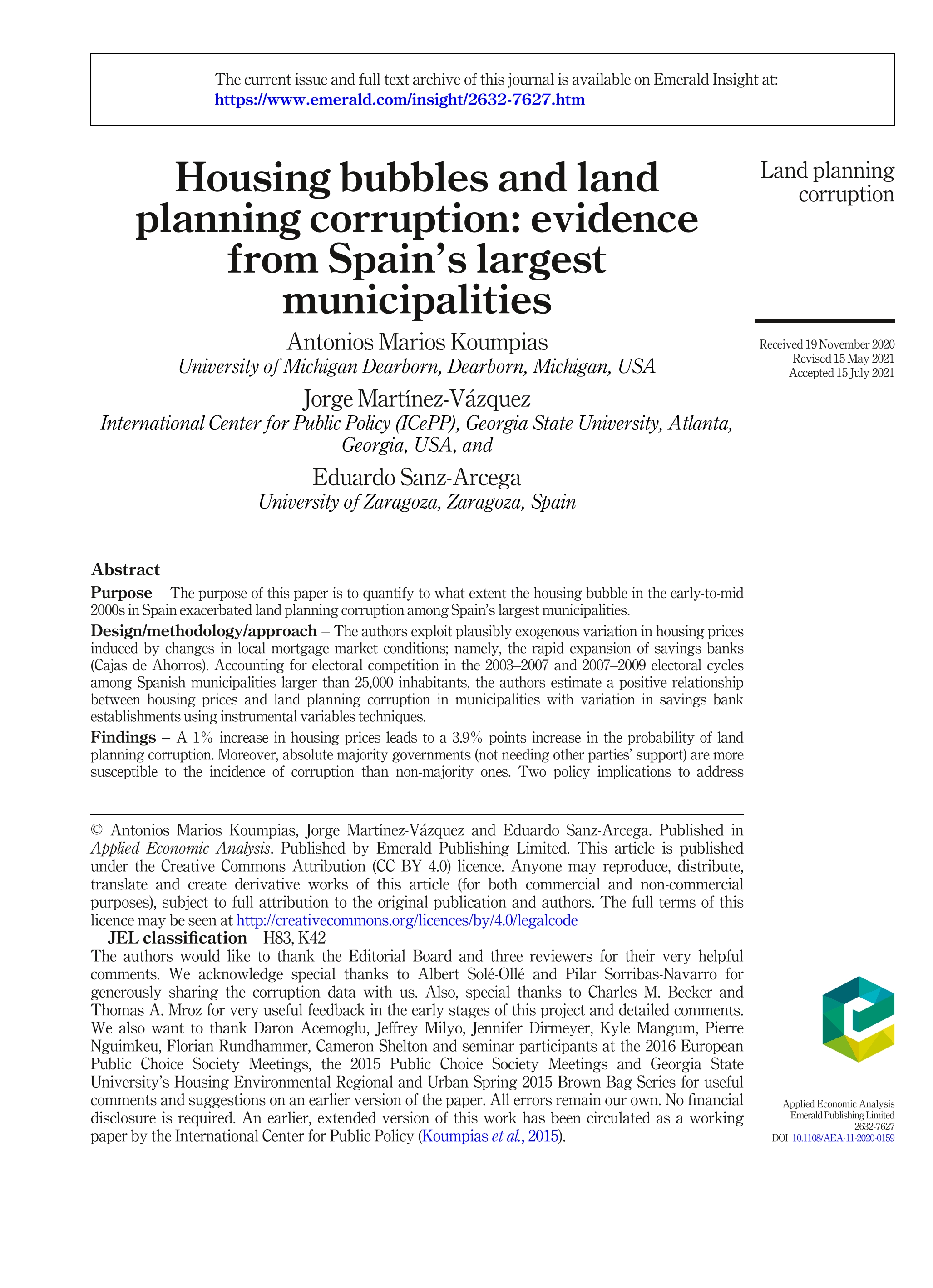 Housing bubbles and land planning corruption: evidence from Spain’s largest municipalities