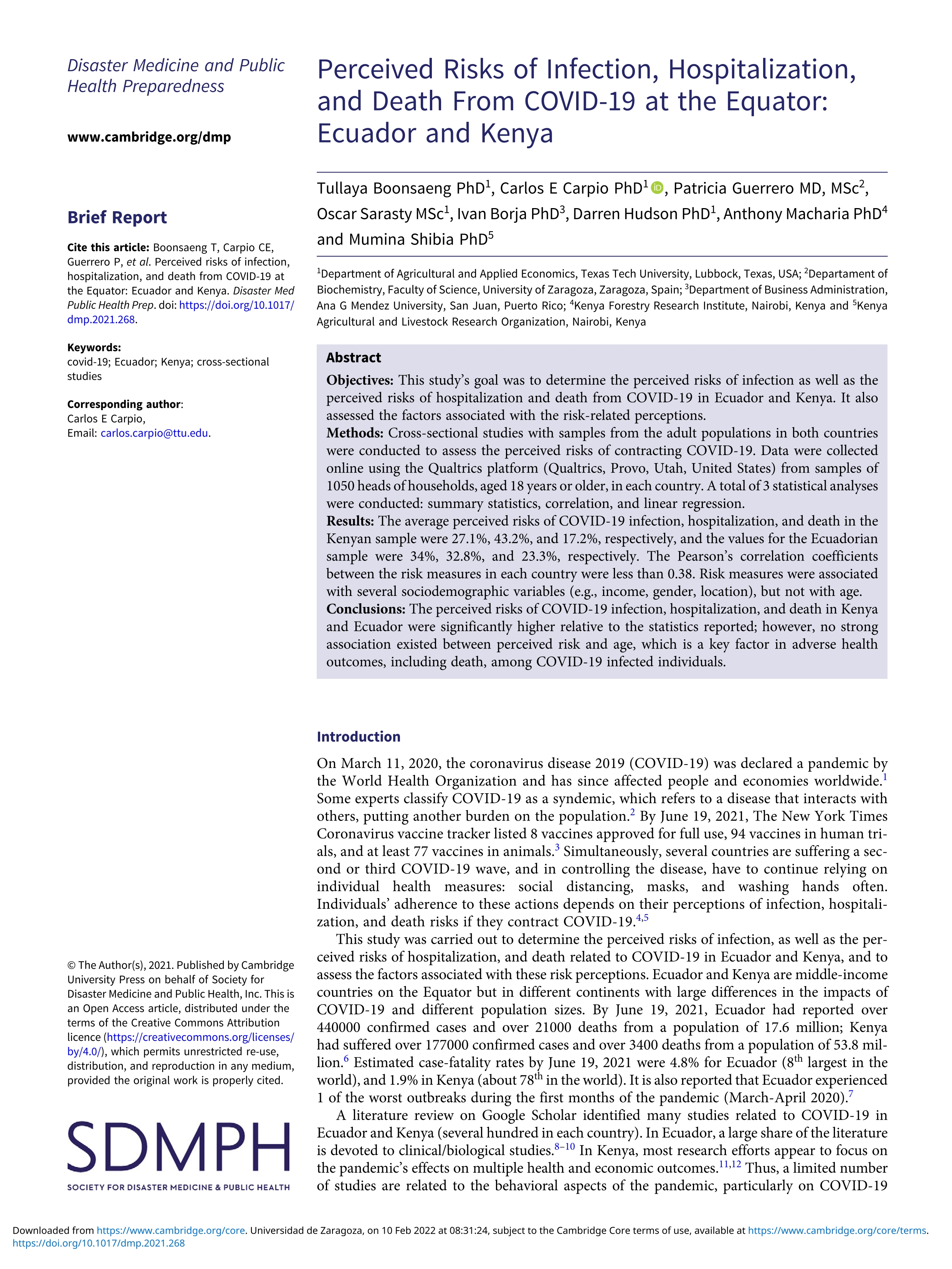 Perceived risks of infection, hospitalization, and death from COVID-19 at the equator: Ecuador and Kenya