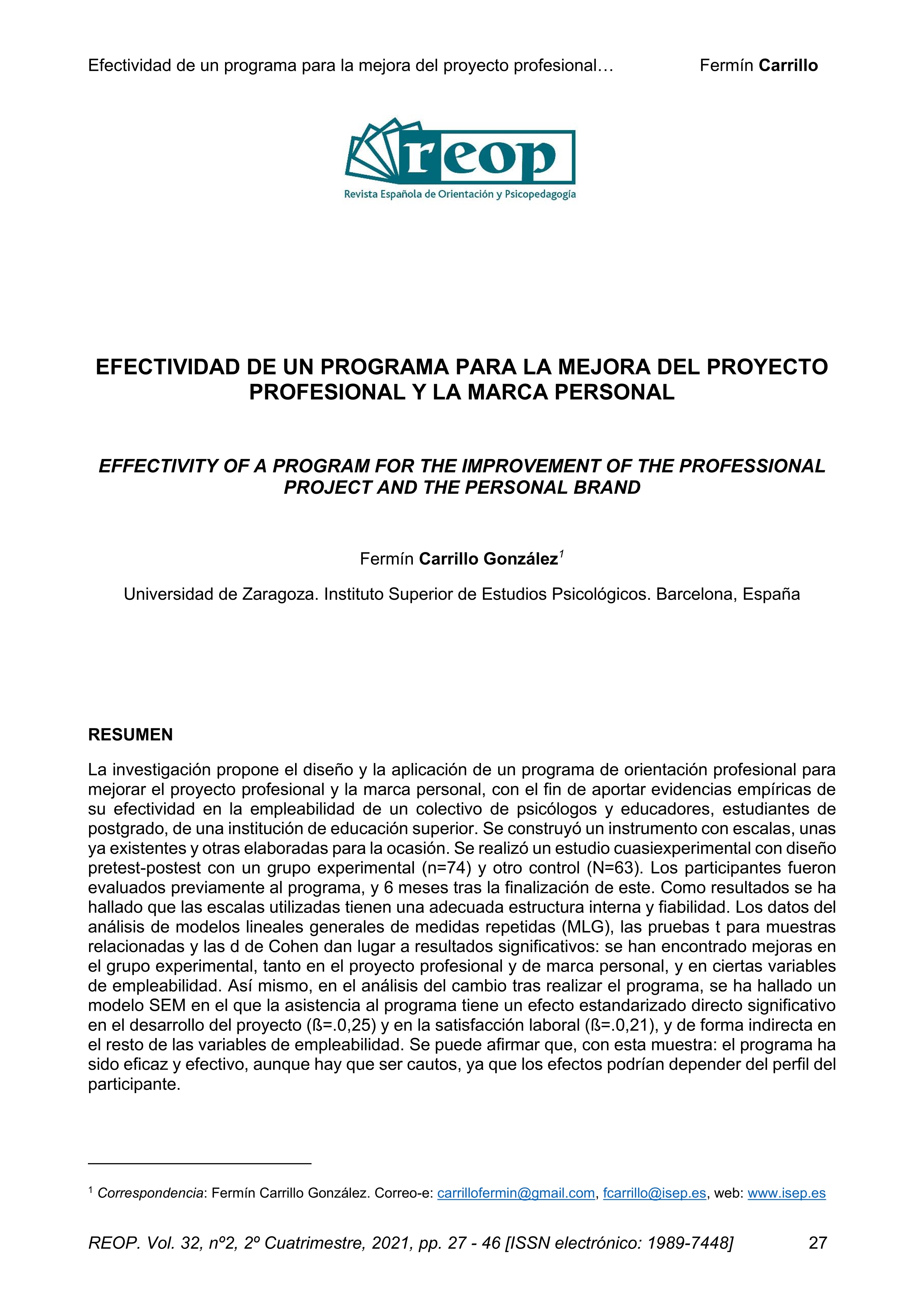 Efectividad de un programa para la mejora del proyecto profesional y de marca personal