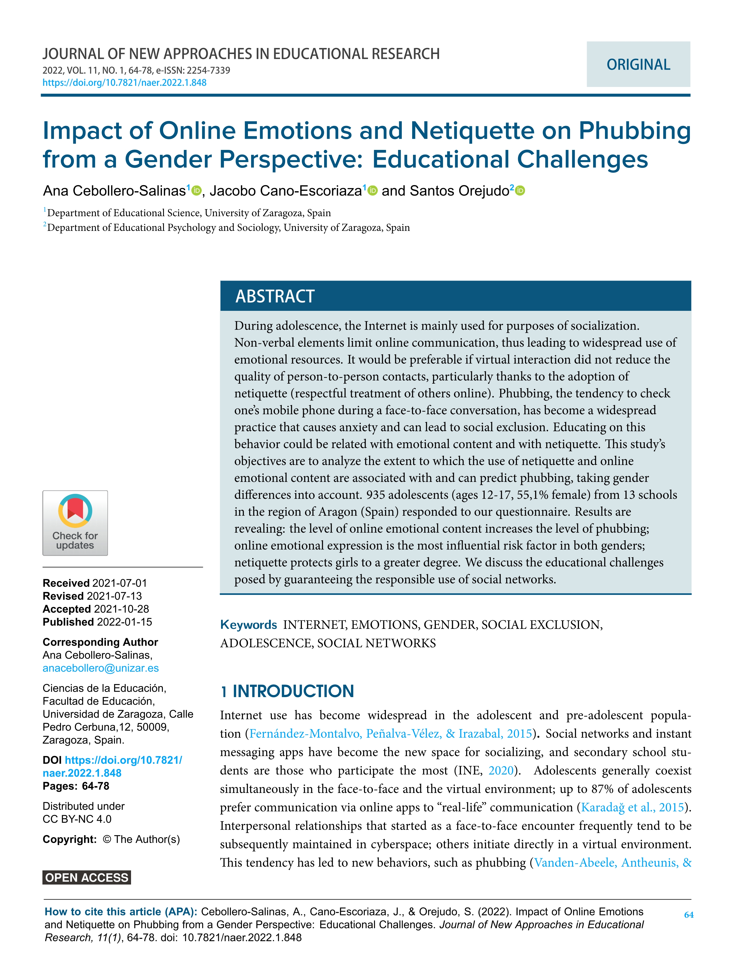 Impact of online emotions and netiquette on phubbing from a gender perspective: Educational challenges