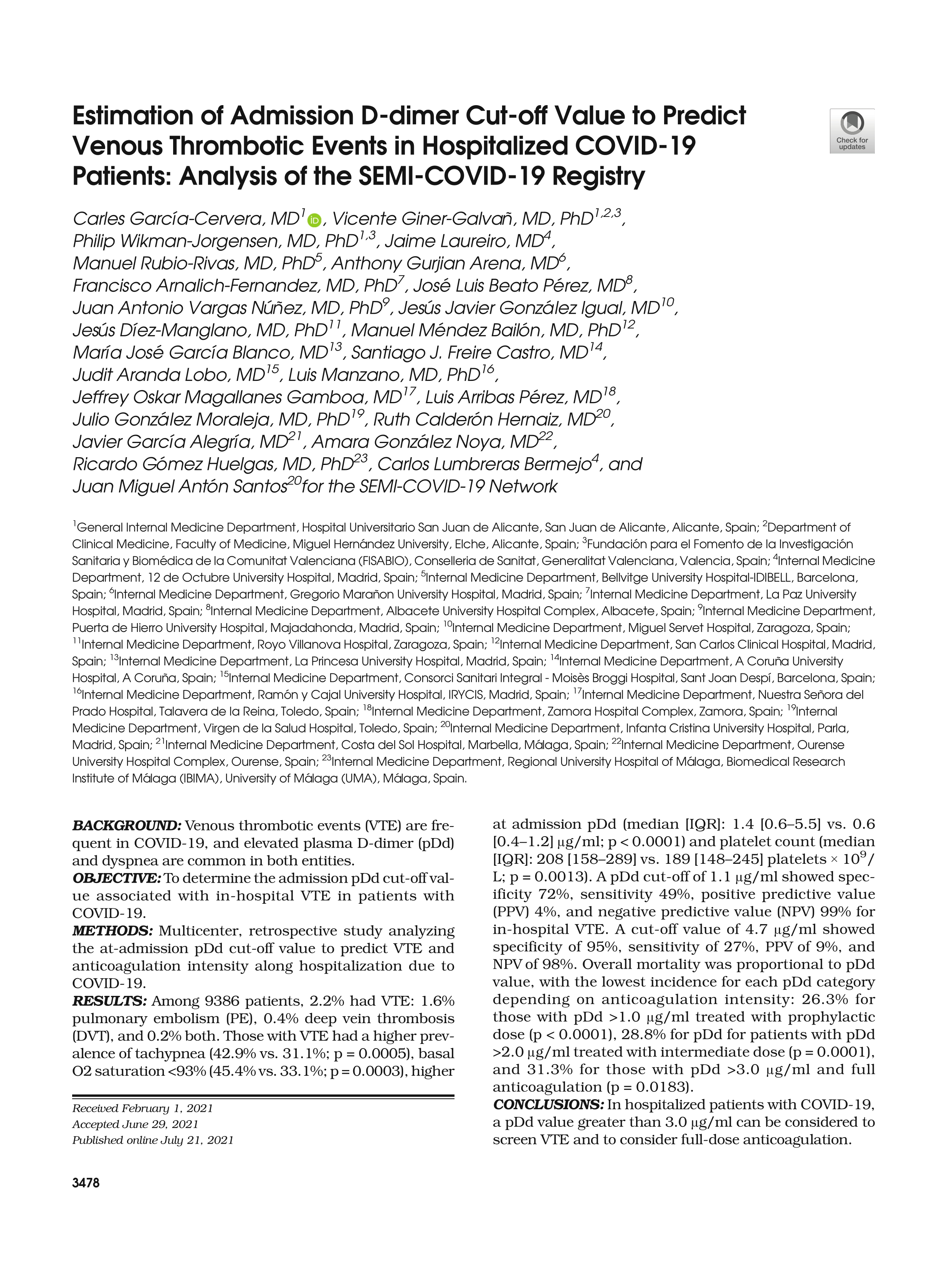 Estimation of Admission D-dimer Cut-off Value to Predict Venous Thrombotic Events in Hospitalized COVID-19 Patients: Analysis of the SEMI-COVID-19 Registry