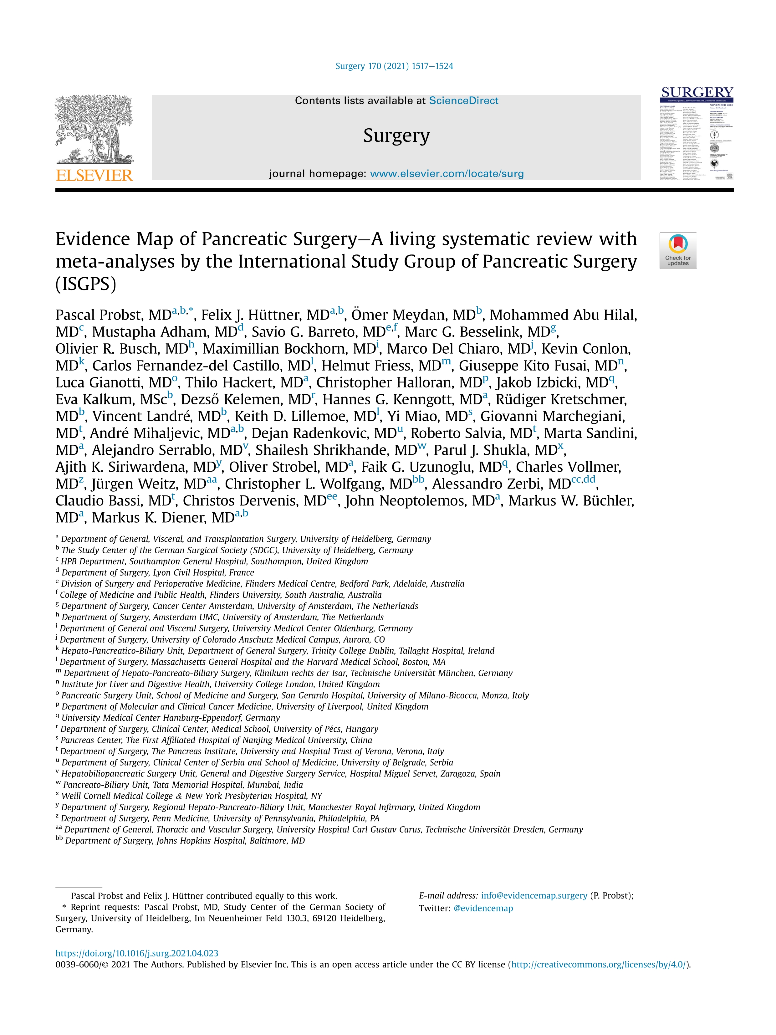 Evidence Map of Pancreatic Surgery–A living systematic review with meta-analyses by the International Study Group of Pancreatic Surgery (ISGPS)