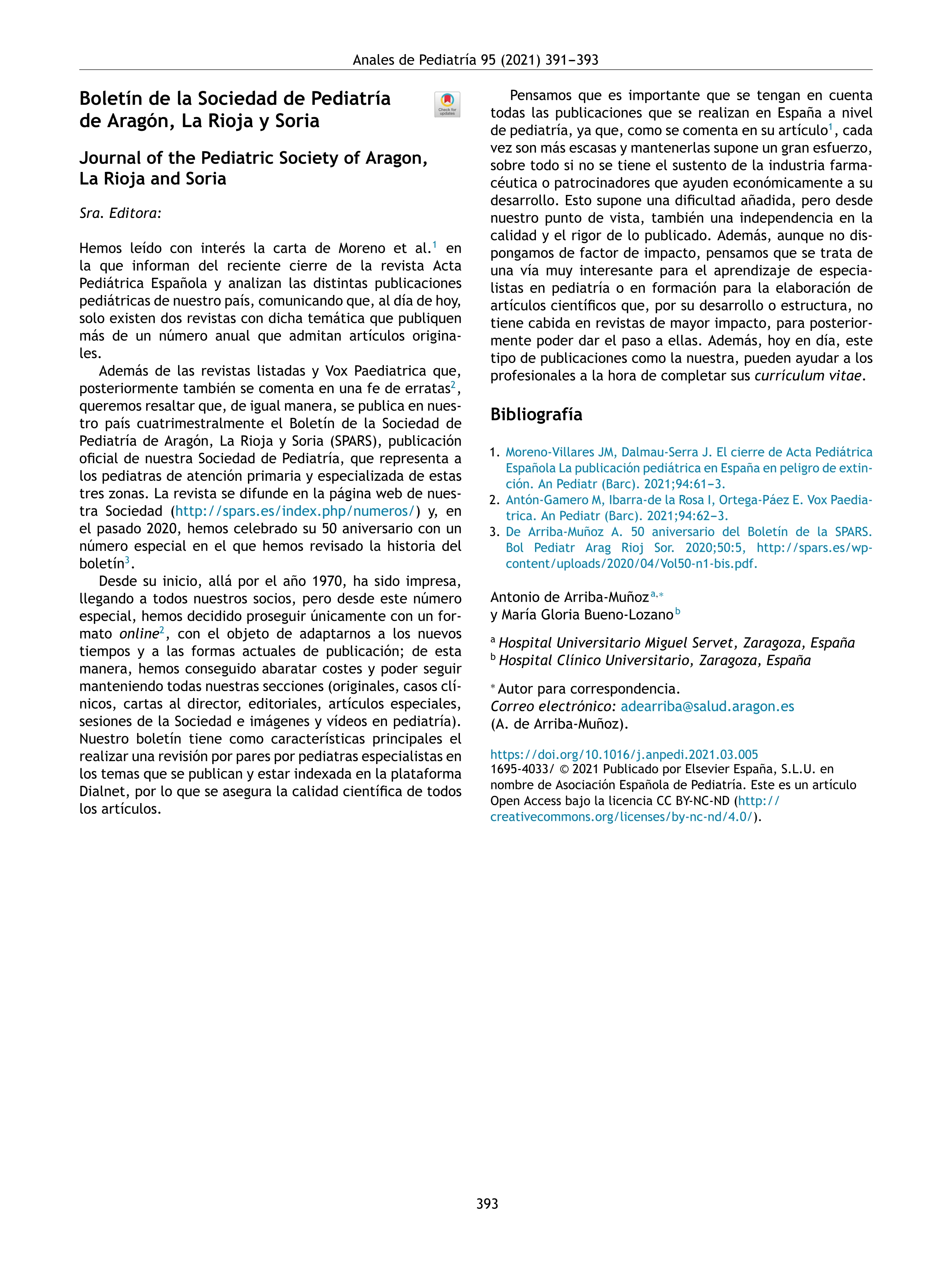Boletín de la Sociedad de Pediatría de Aragón, La Rioja y Soria