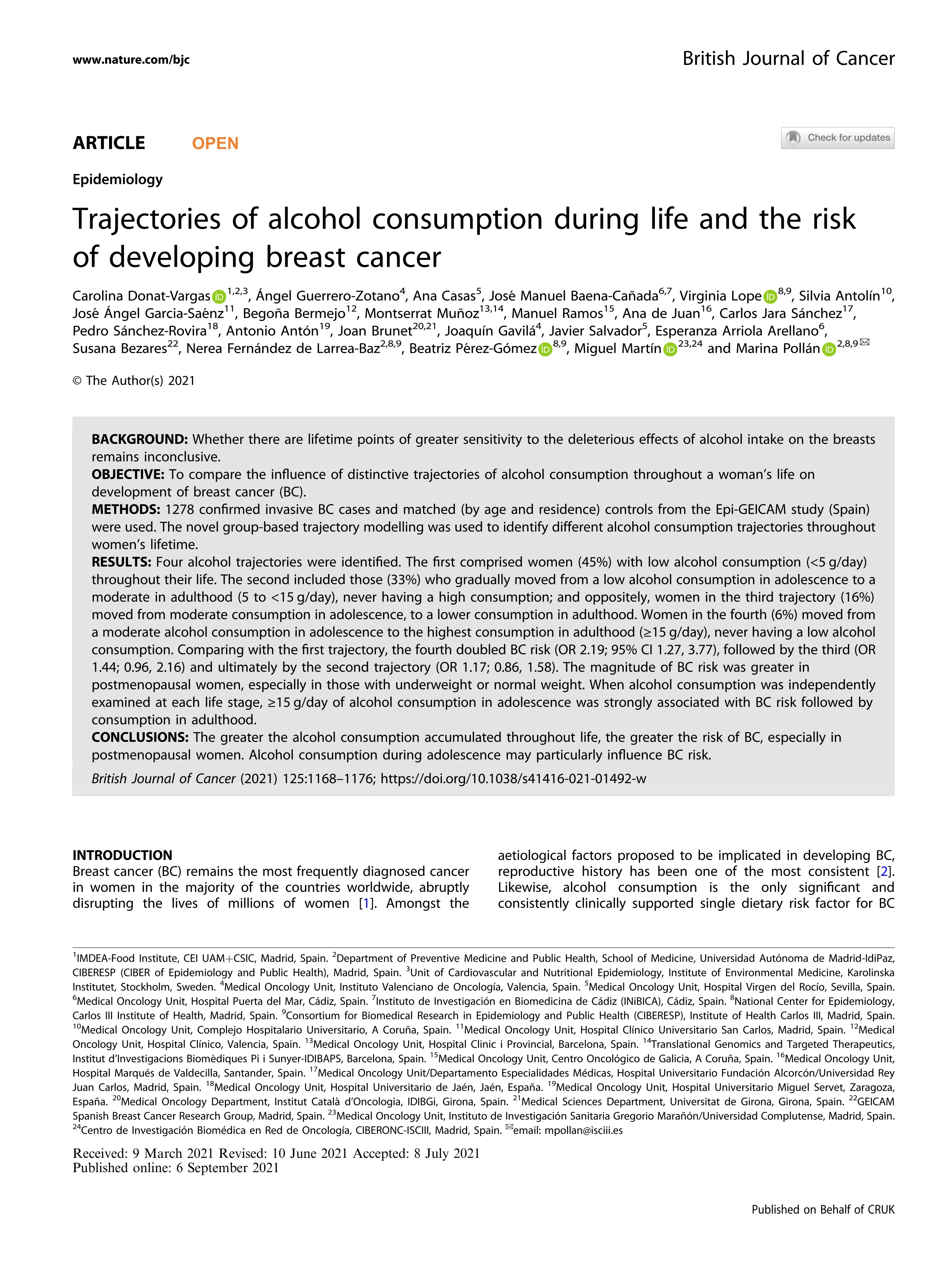 Trajectories of alcohol consumption during life and the risk of developing breast cancer