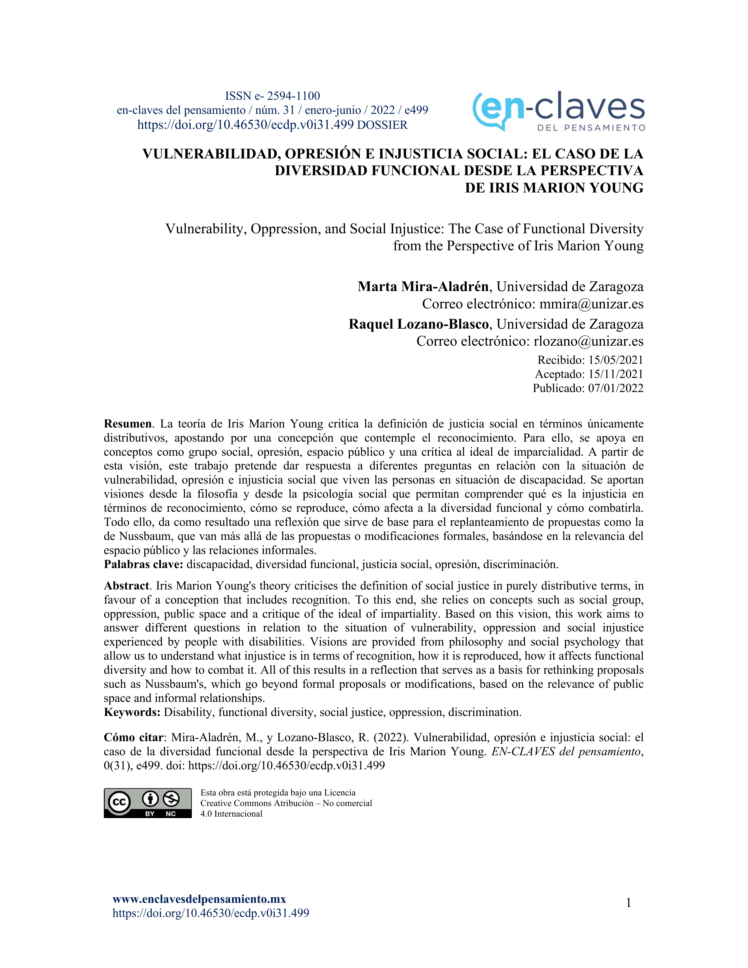 Vulnerabilidad, opresión e injusticia social: el caso de la diversidad funcional desde la perspectiva de Iris Marion Young