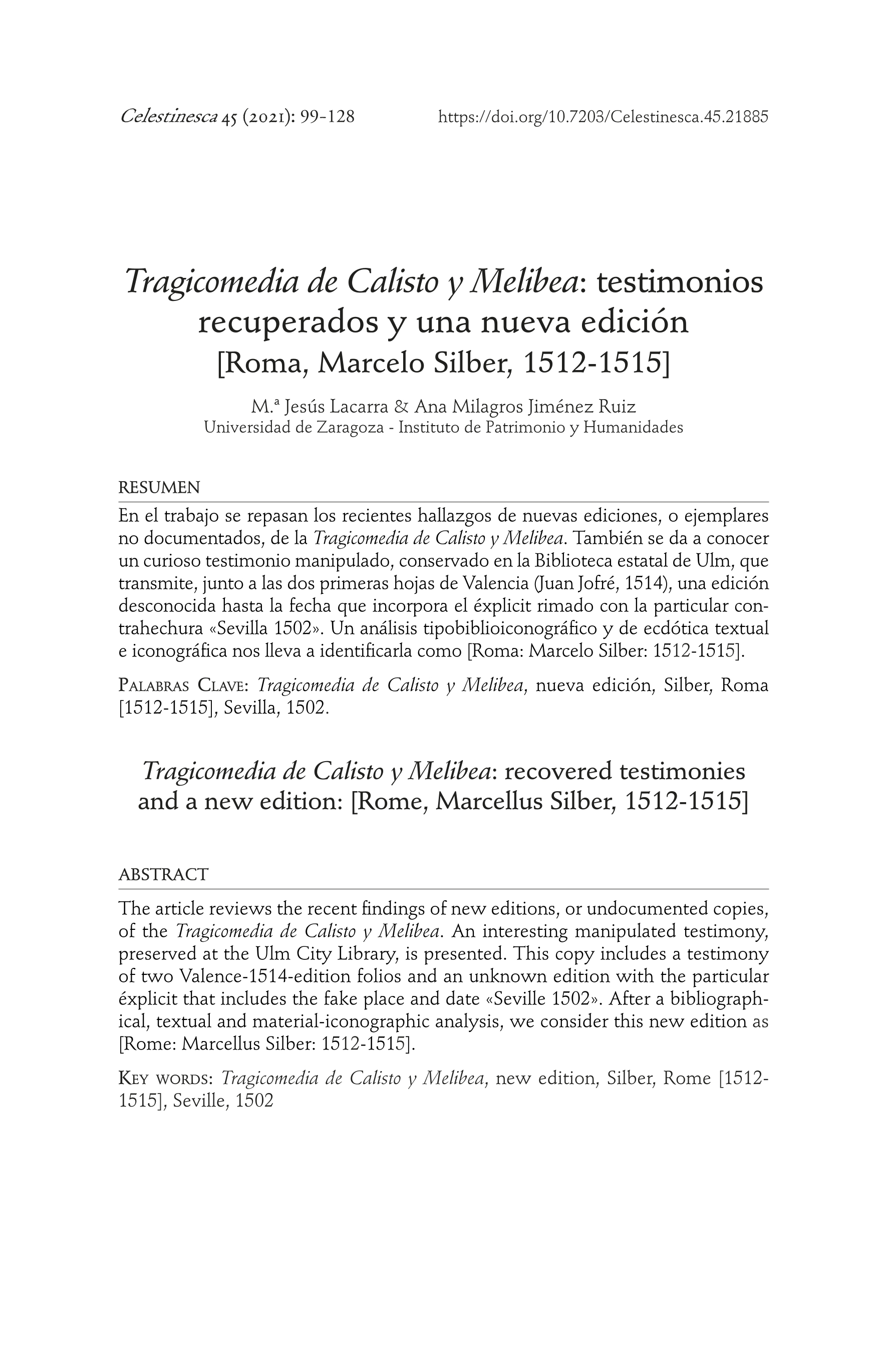 Tragicomedia de Calisto y Melibea: testimonios recuperados y una nueva edición [Roma, Marcelo Silber, 1512-1515]