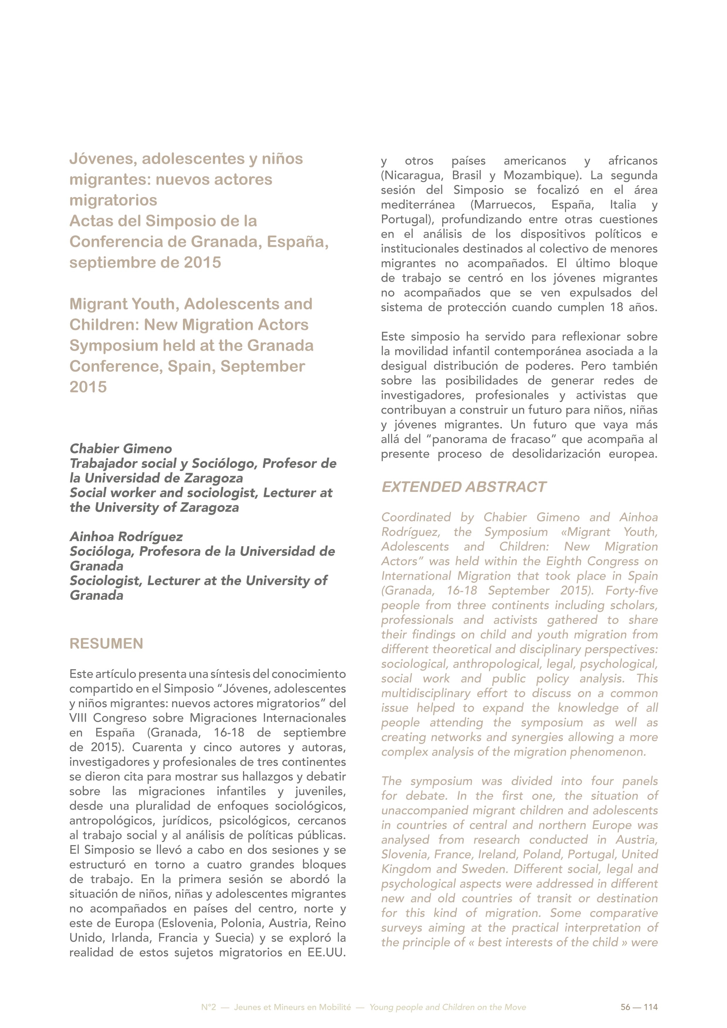 Jóvenes, adolescentes y niños migrantes: nuevos actores migratorios. Actas del Simposio de la Conferencia de Granada, España, septiembre de 2015