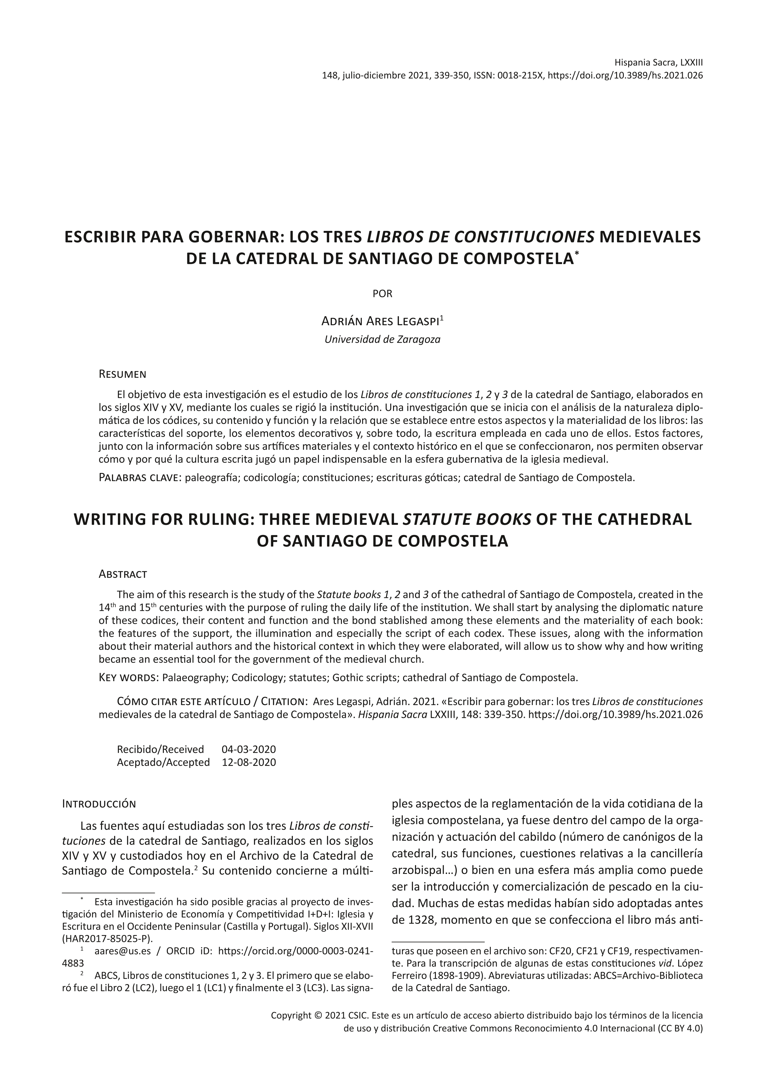 Escribir para gobernar: los tres libros de constituciones medievales de la Catedral de Santiago de Compostela