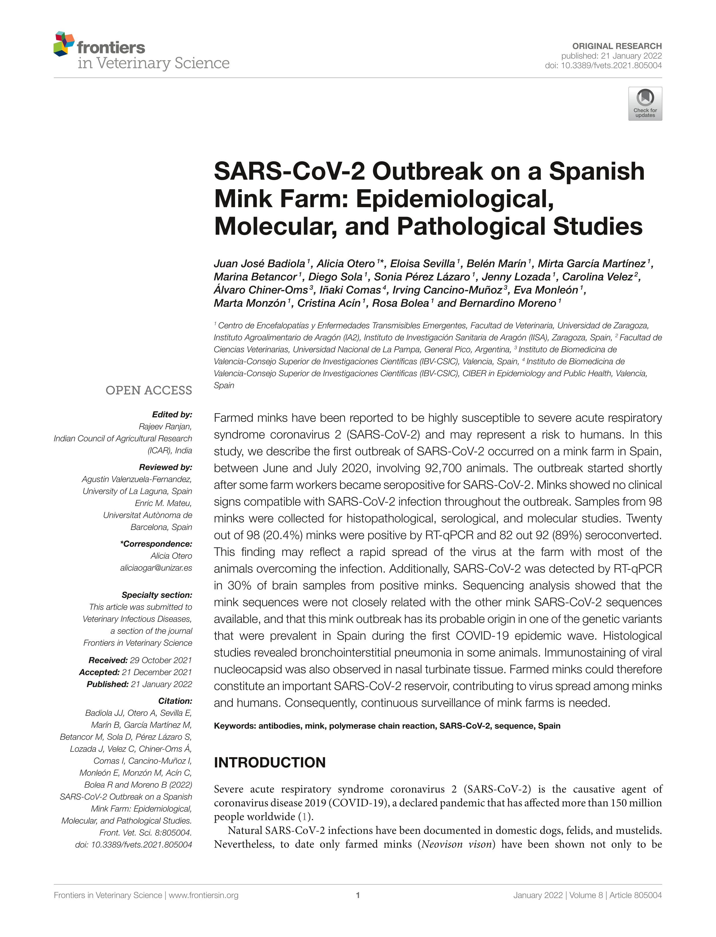 SARS-CoV-2 outbreak on a Spanish mink farm: epidemiological, molecular, and pathological studies