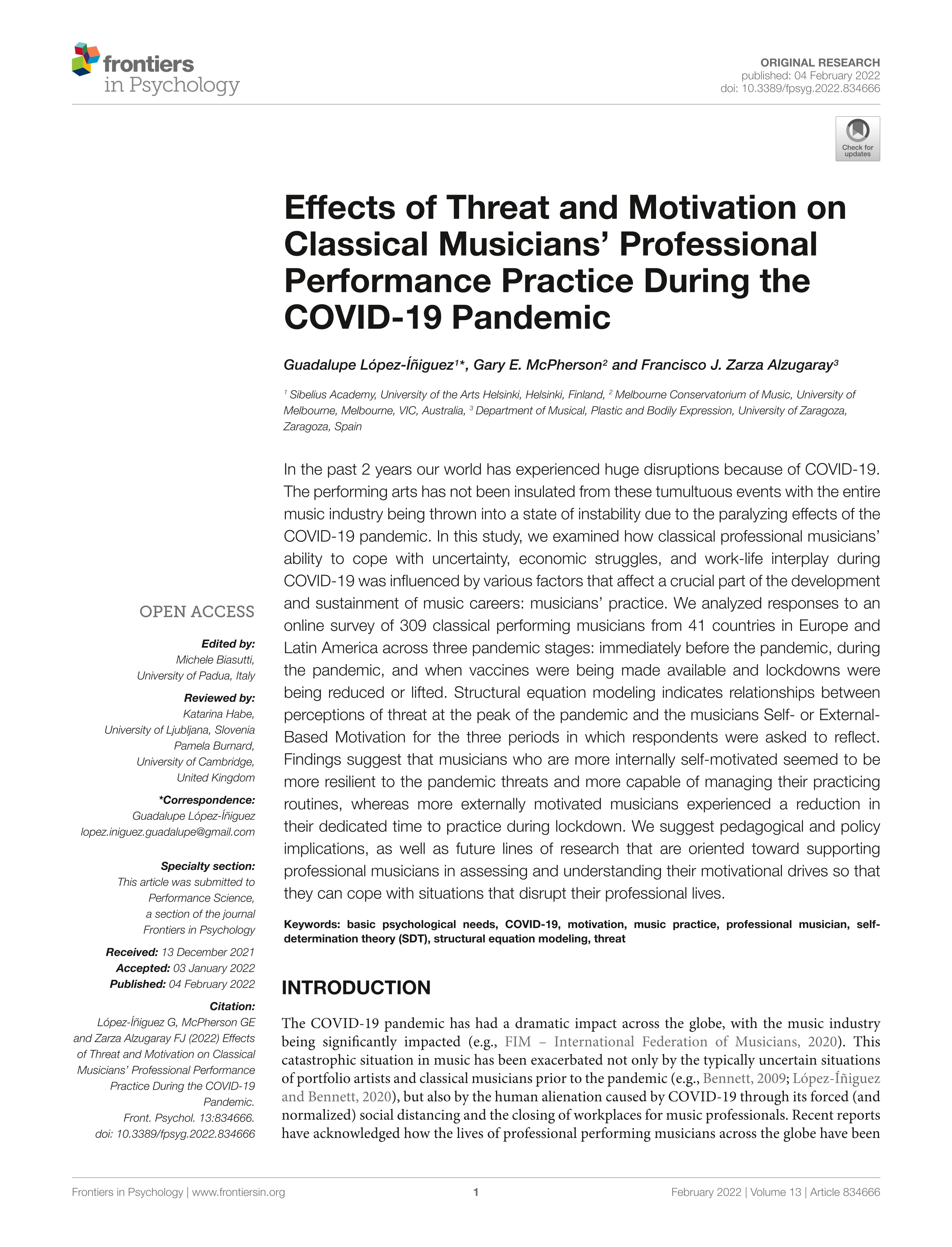Effects of threat and motivation on classical musicians’ professional performance practice during the Covid-19 pandemic