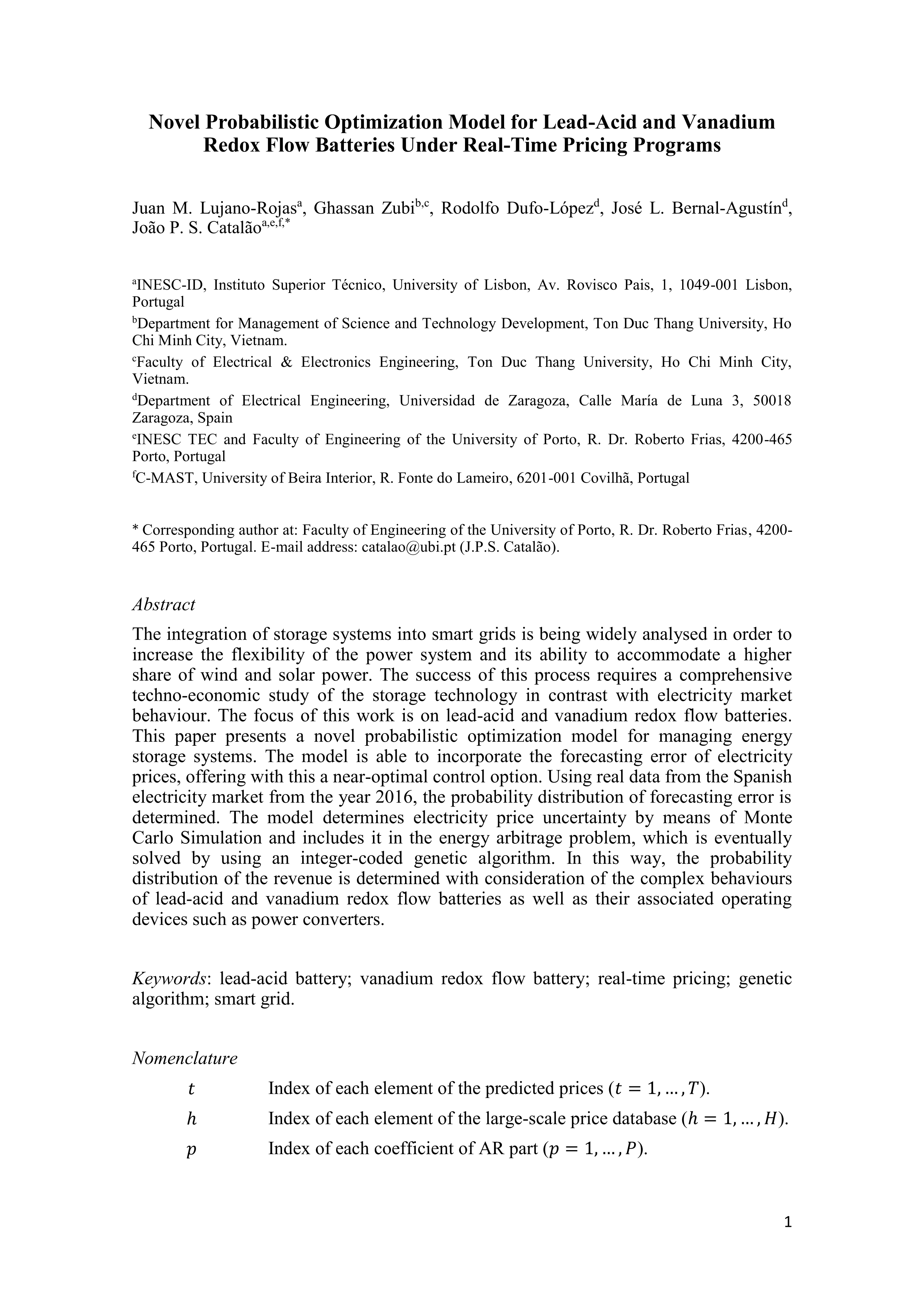 Novel probabilistic optimization model for lead-acid and vanadium redox flow batteries under real-time pricing programs