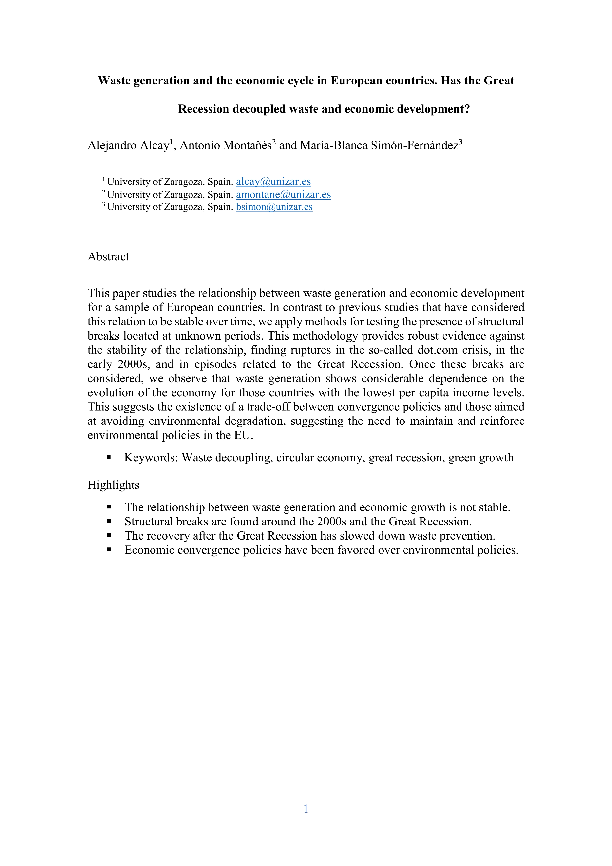 Waste generation and the economic cycle in European countries. Has the Great Recession decoupled waste and economic development?