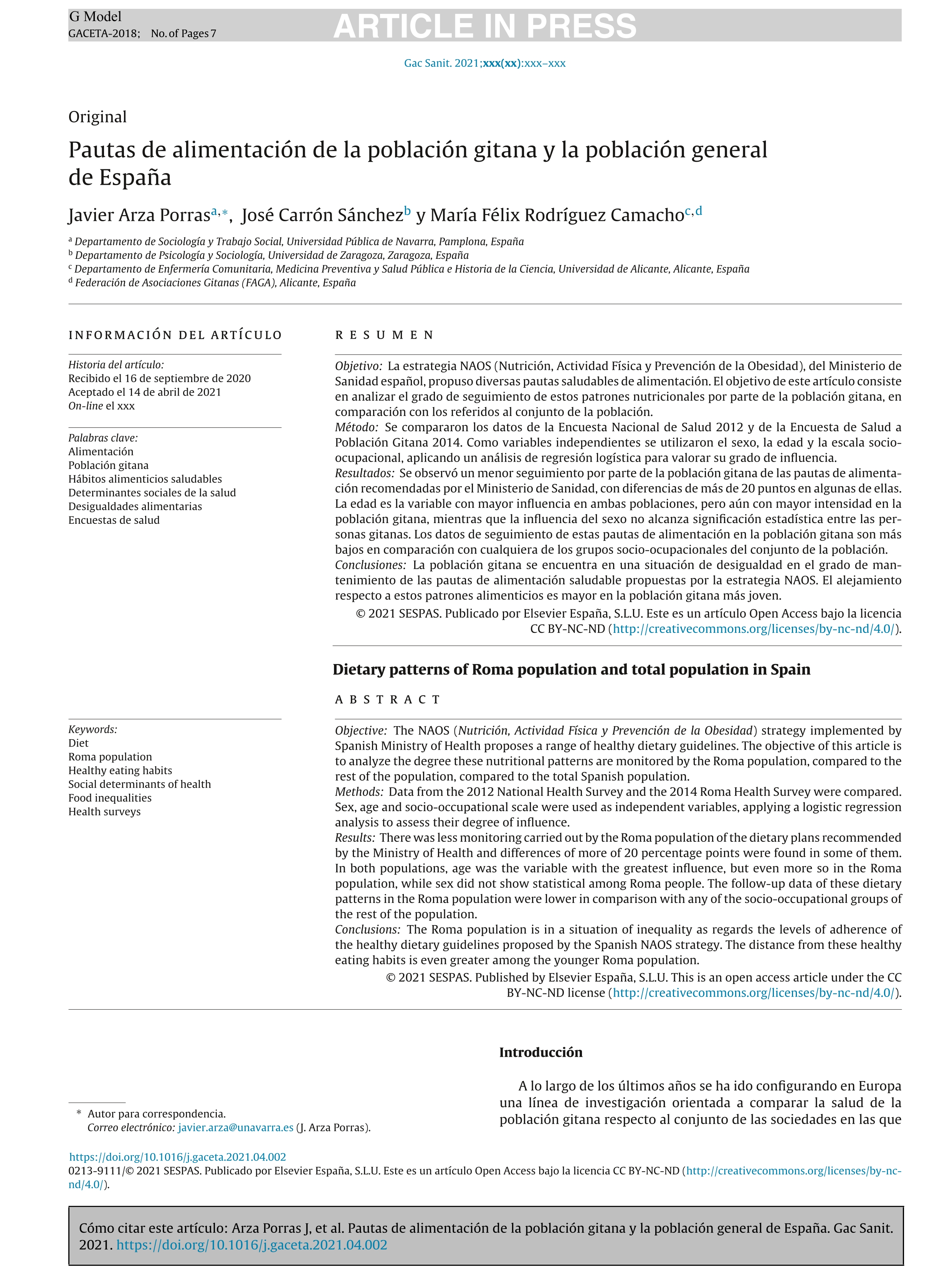 Dietary patterns of Roma population and total population in Spain