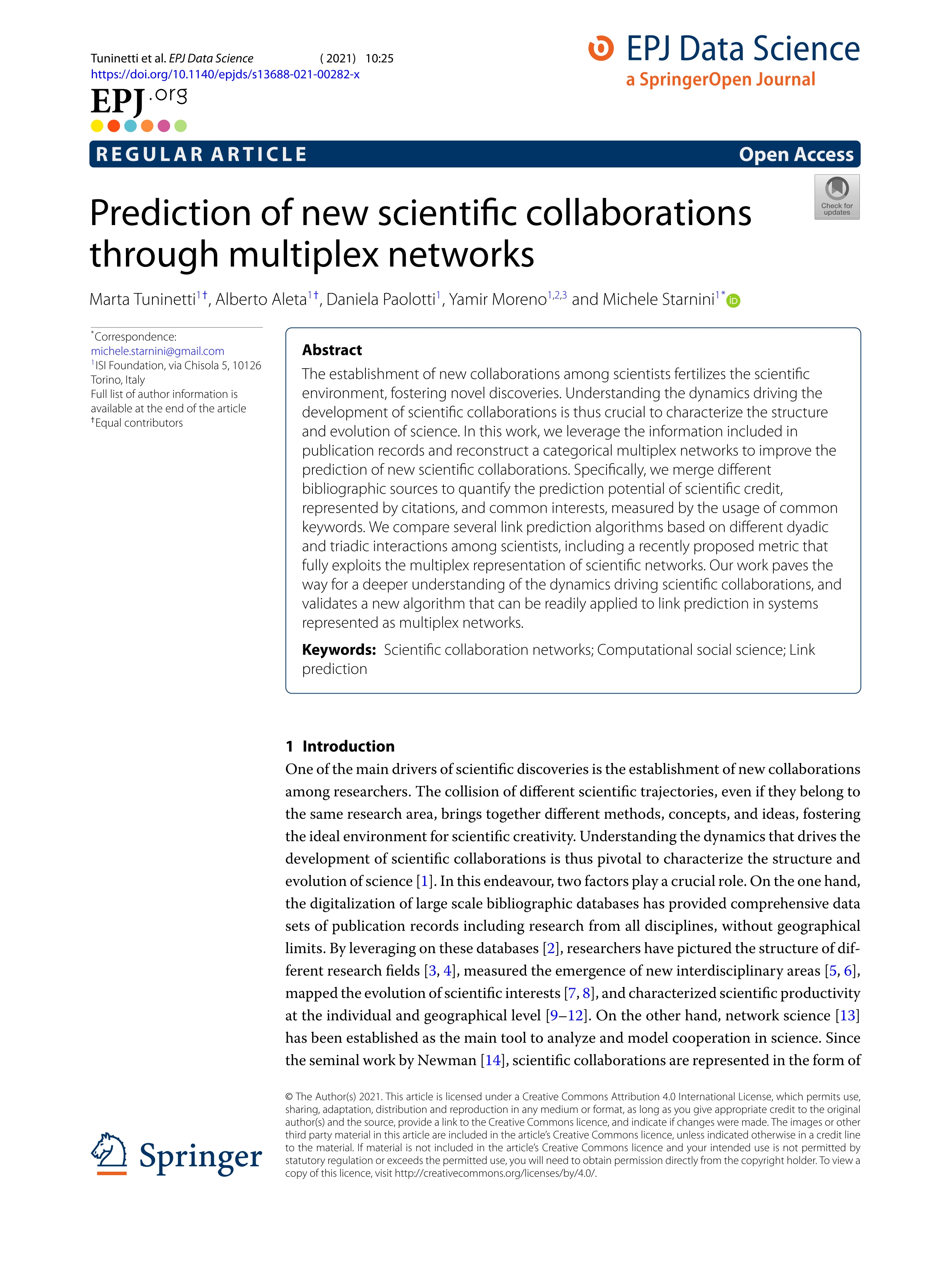 Prediction of new scientific collaborations through multiplex networks