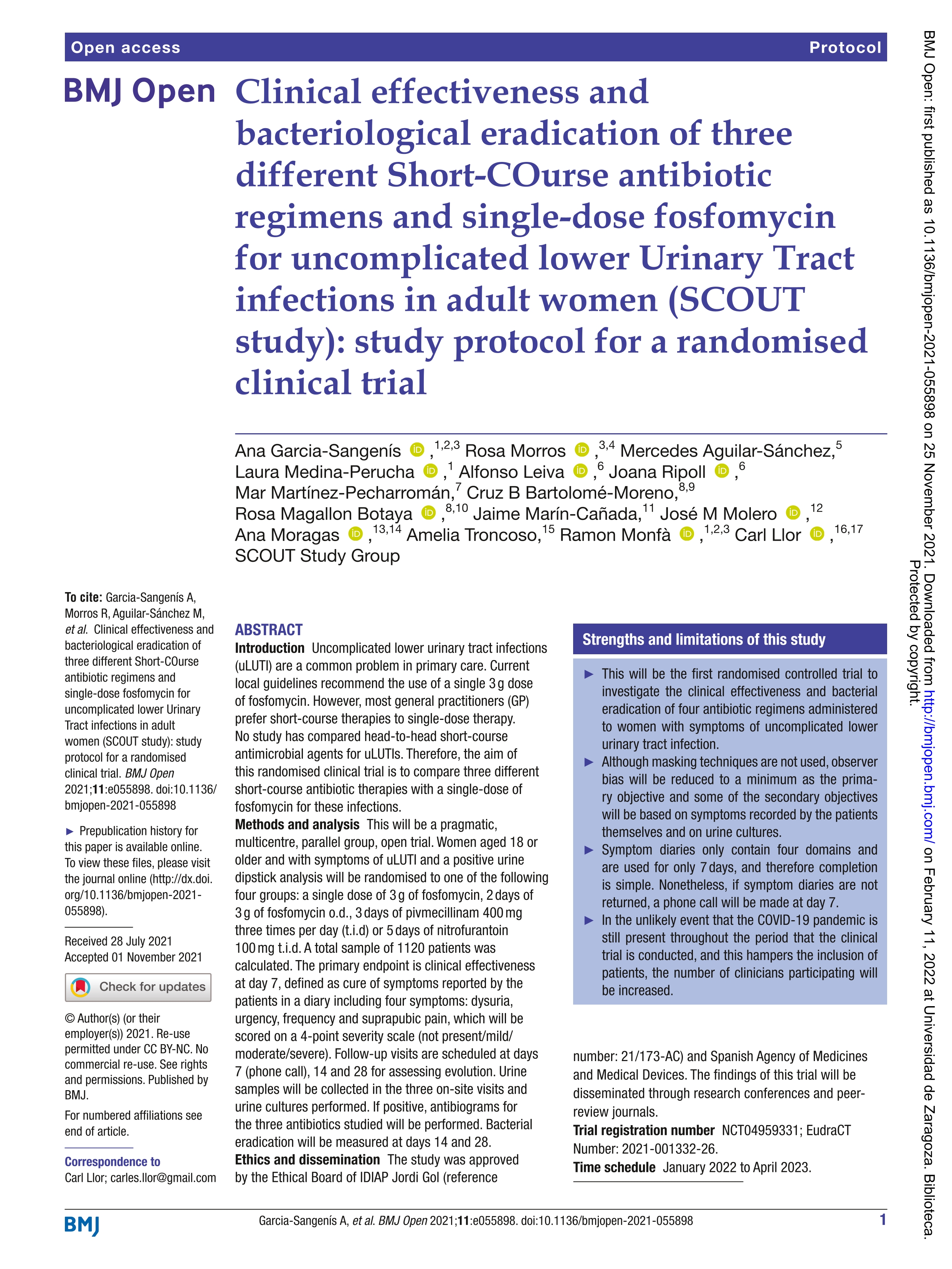 Clinical effectiveness and bacteriological eradication of three different Short-COurse antibiotic regimens and single-dose fosfomycin for uncomplicated lower Urinary Tract infections in adult women (SCOUT study): Study protocol for a randomised clinical trial