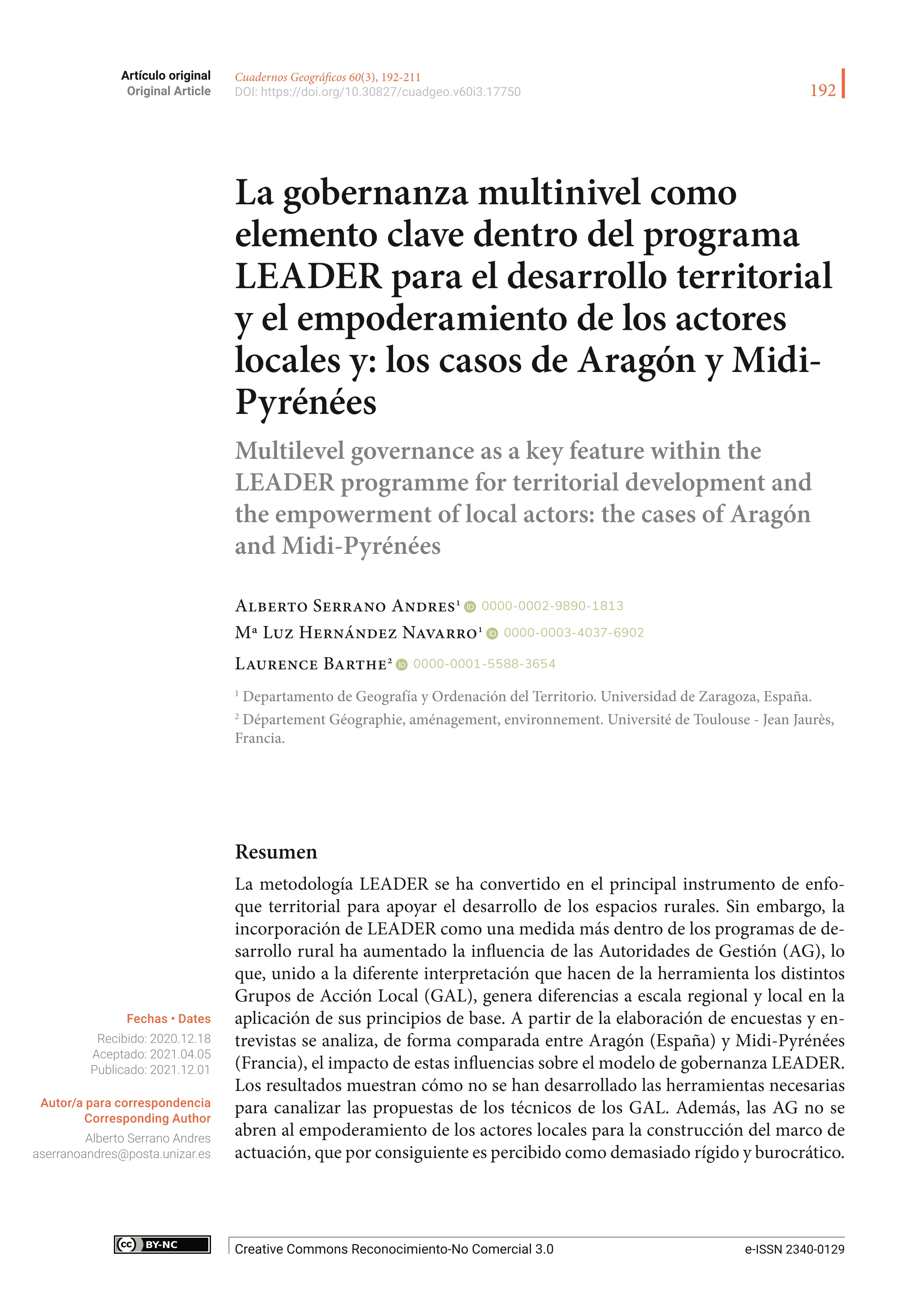 Multilevel governance as a key feature within the LEADER programme for territorial development and the empowerment of local actors: The cases of aragón and midi-pyrénées