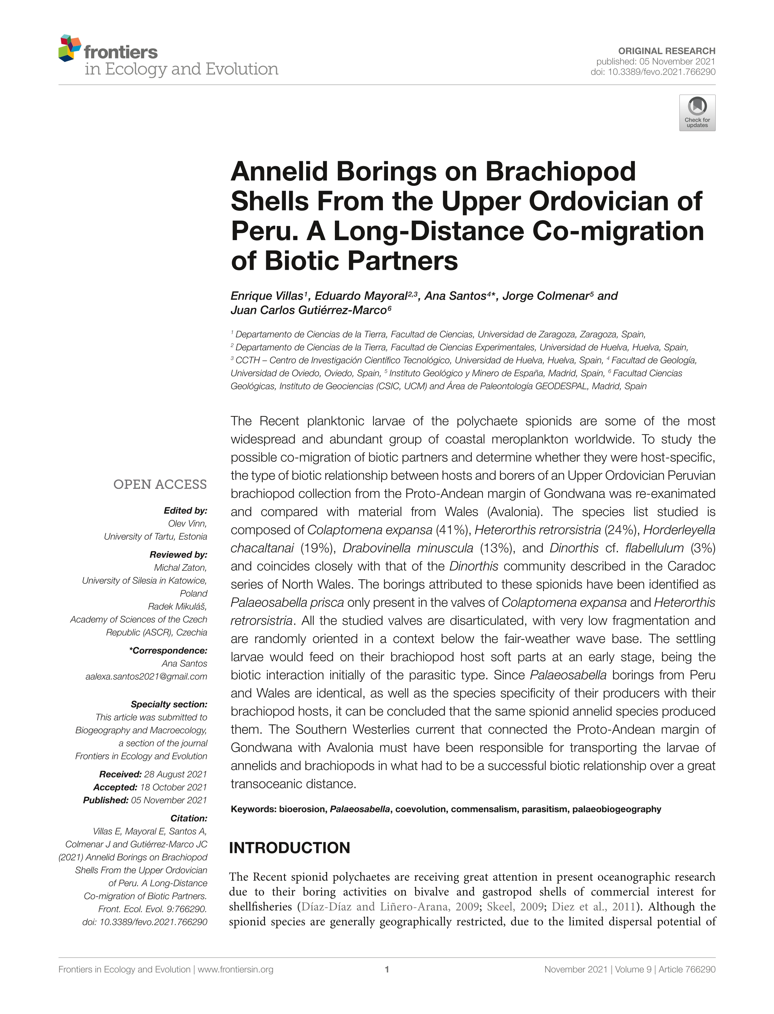 Annelid borings on brachiopod shells from the upper Ordovician of Peru. A long-distance co-migration of biotic partners