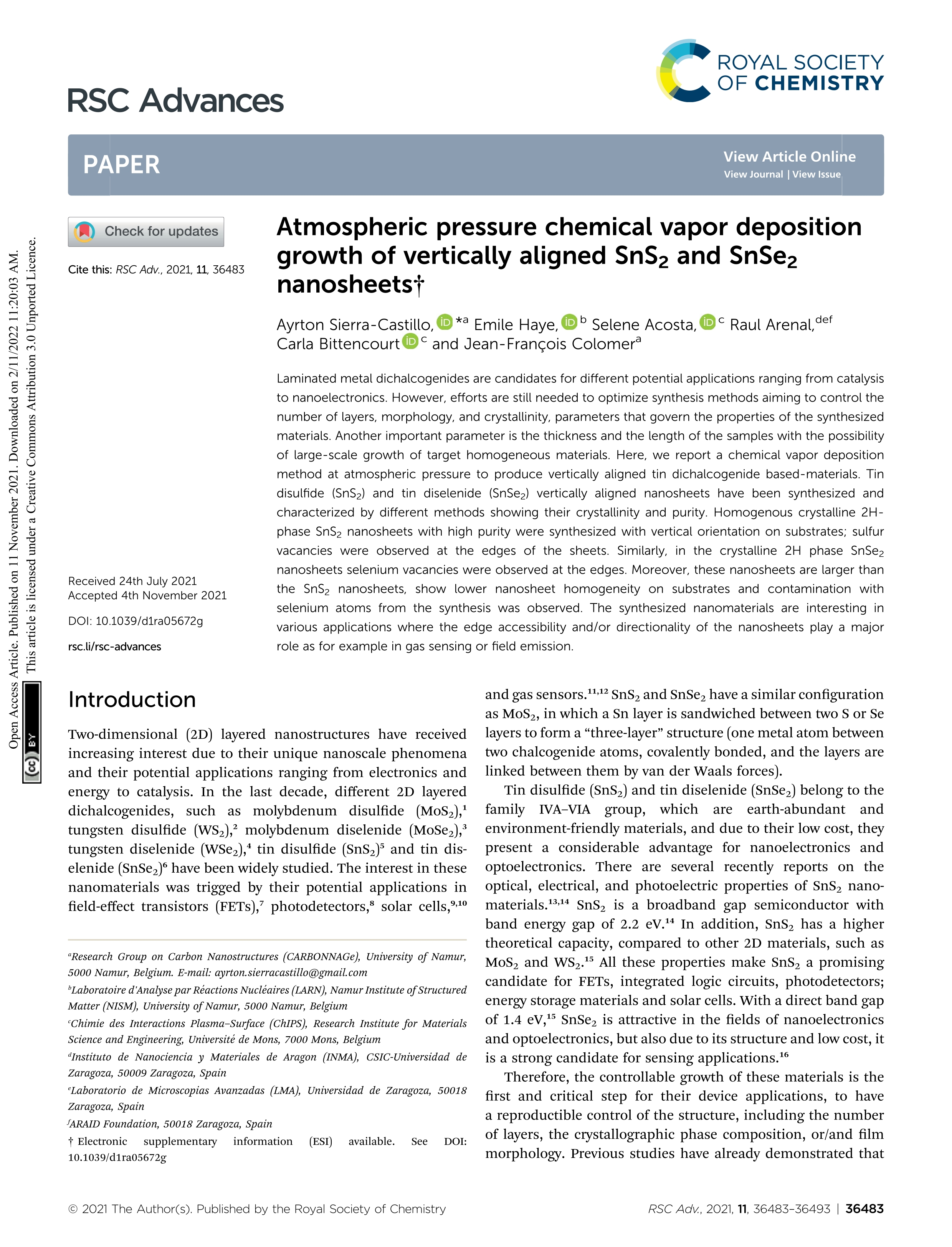 Atmospheric pressure chemical vapor deposition growth of vertically aligned SnS2 and SnSe2 nanosheets