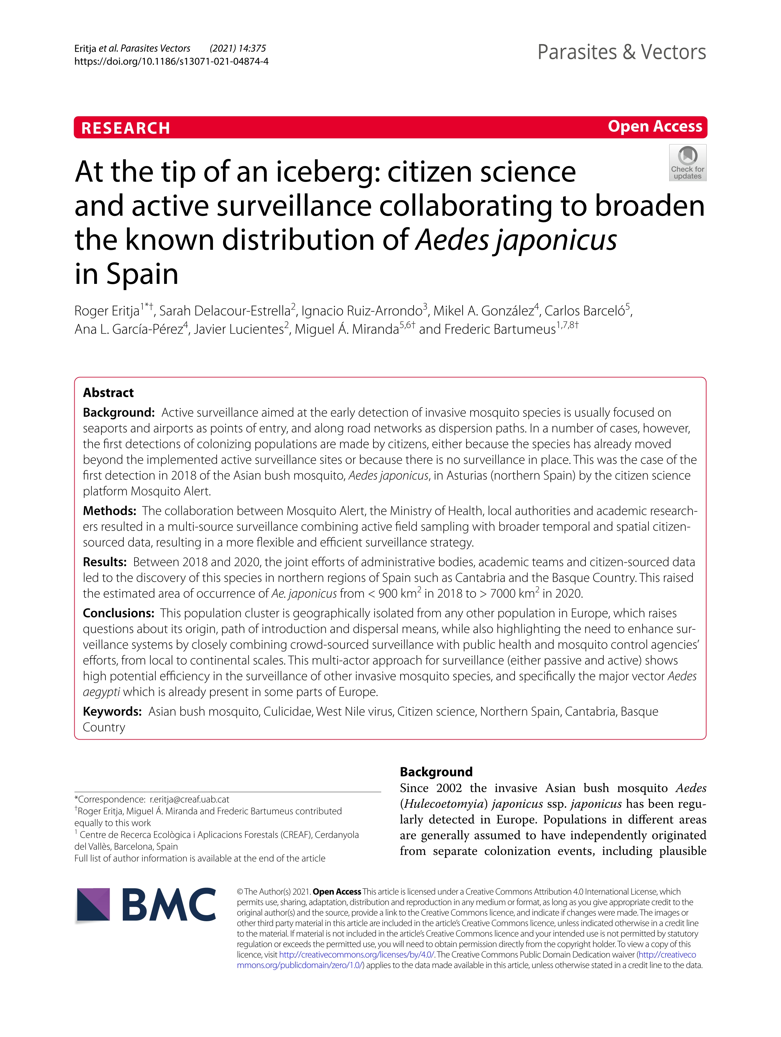 At the tip of an iceberg: citizen science and active surveillance collaborating to broaden the known distribution of Aedes japonicus in Spain