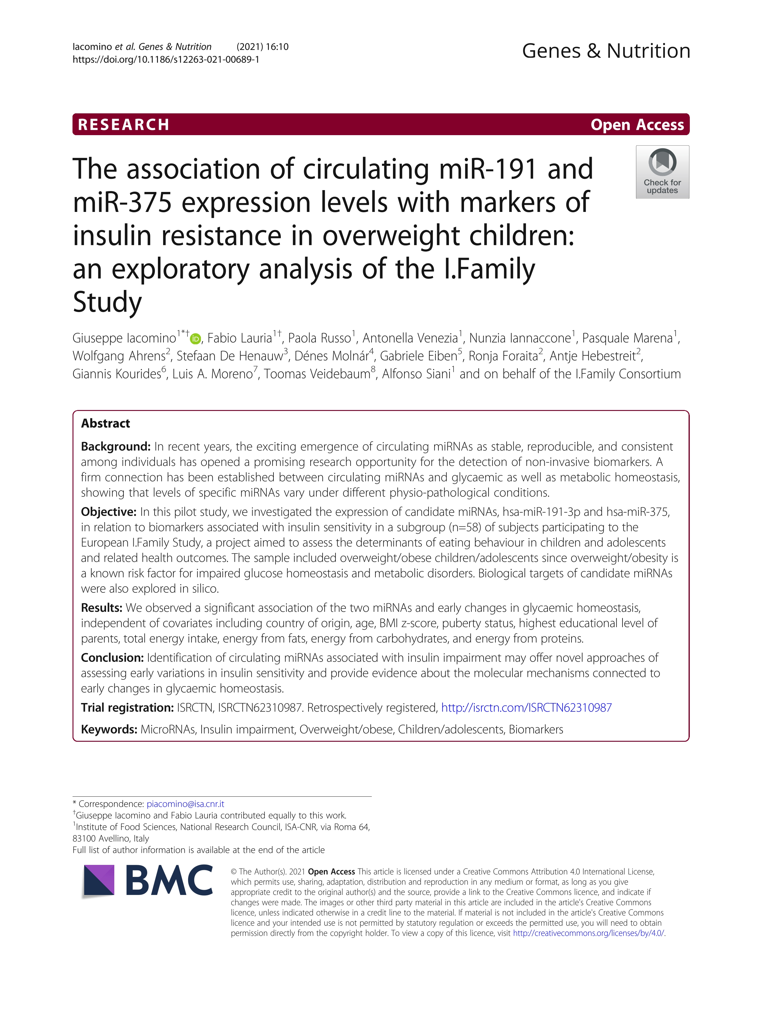 The association of circulating miR-191 and miR-375 expression levels with markers of insulin resistance in overweight children: an exploratory analysis of the I.Family Study