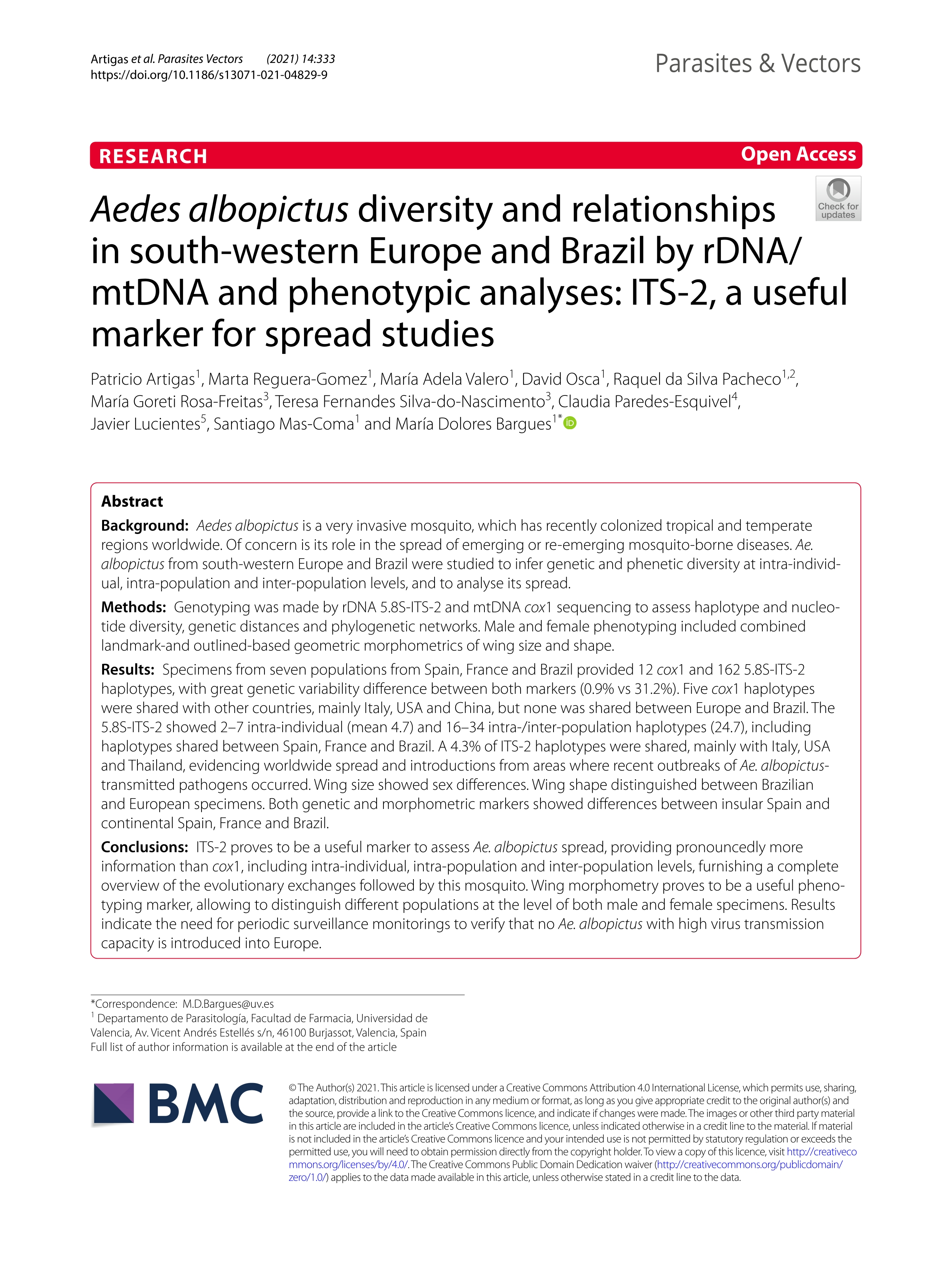 Aedes albopictus diversity and relationships in south-western Europe and Brazil by rDNA/mtDNA and phenotypic analyses: ITS-2, a useful marker for spread studies