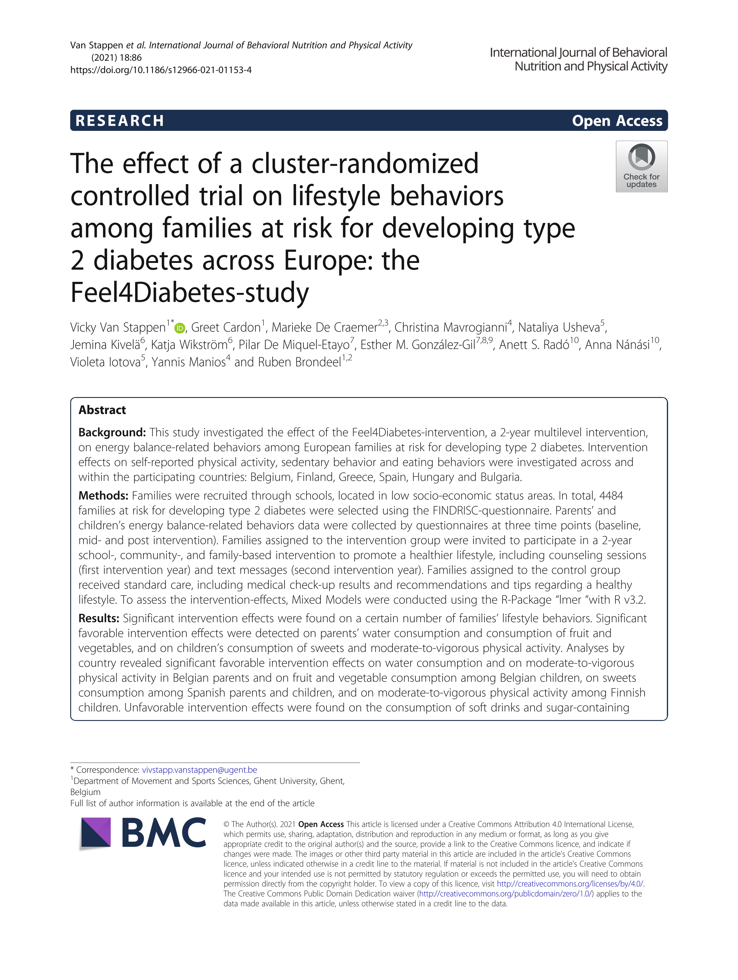 The effect of a cluster-randomized controlled trial on lifestyle behaviors among families at risk for developing type 2 diabetes across Europe: the Feel4Diabetes-study