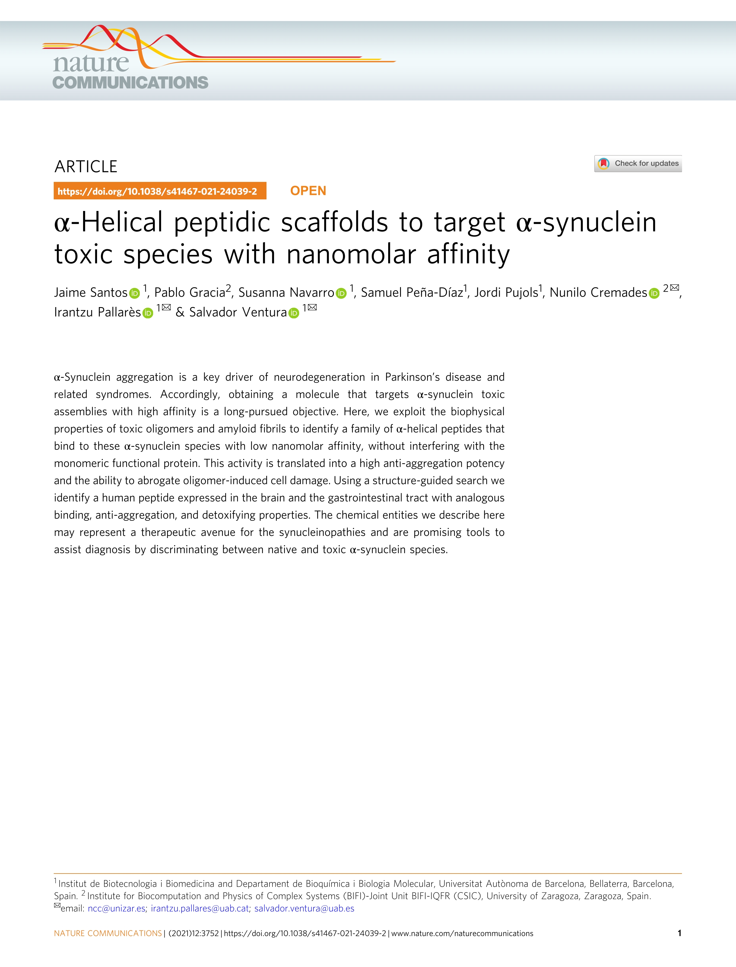 a-Helical peptidic scaffolds to target a-synuclein toxic species with nanomolar affinity