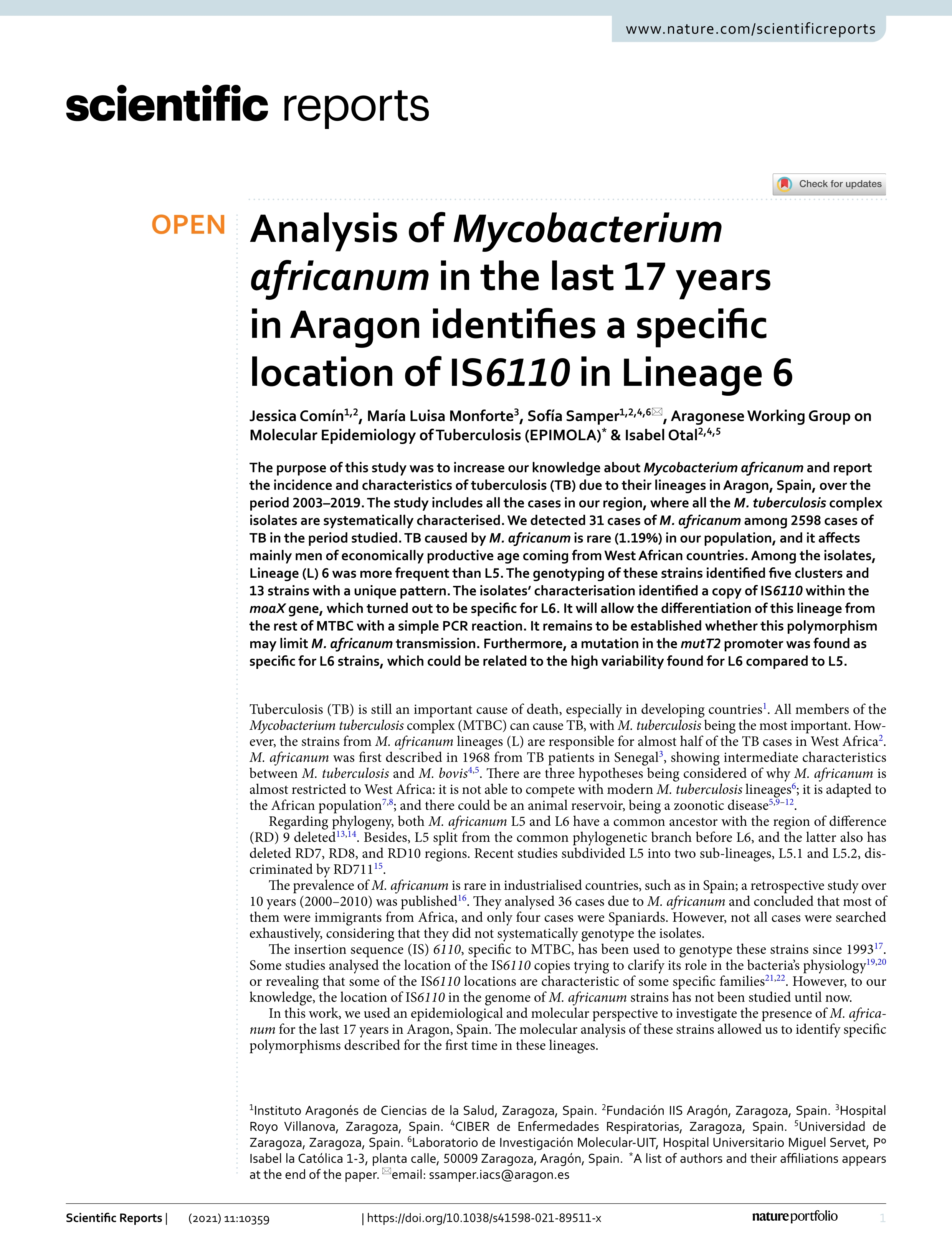 Analysis of Mycobacterium africanum in the last 17 years in Aragon identifies a specific location of IS6110 in Lineage 6